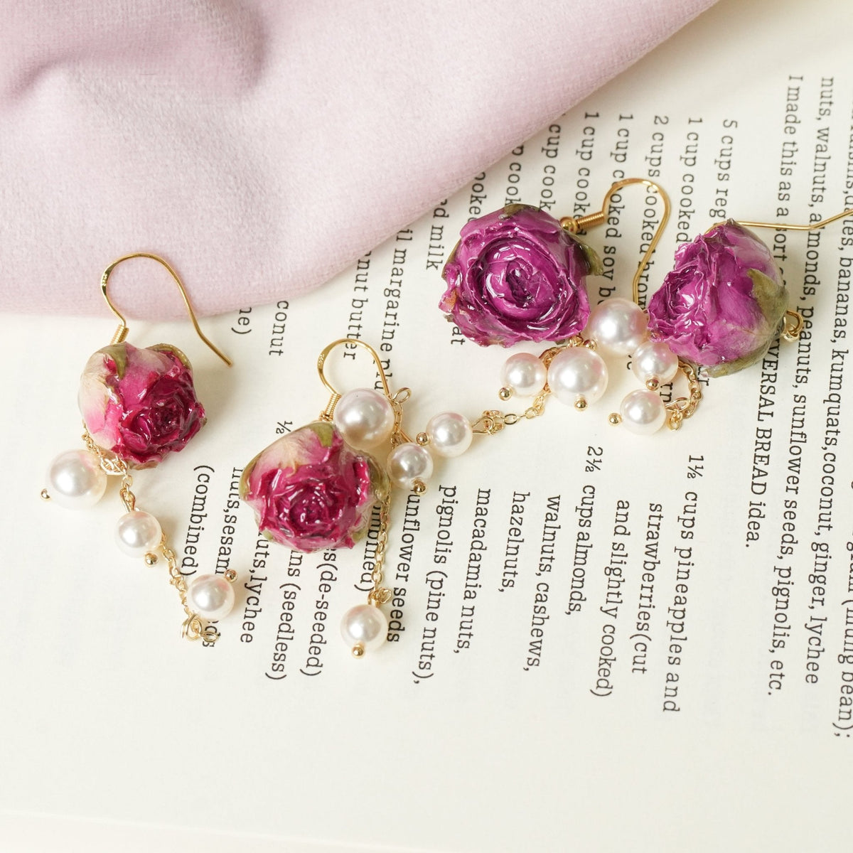Real Rose Earrings with Pearl Chain - Red Bud & Purple Bloom | Preserved Flower Jewelry