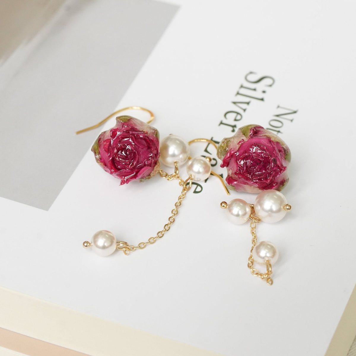 Real Rose Earrings with Pearl Chain - Red Bud & Purple Bloom | Preserved Flower Jewelry