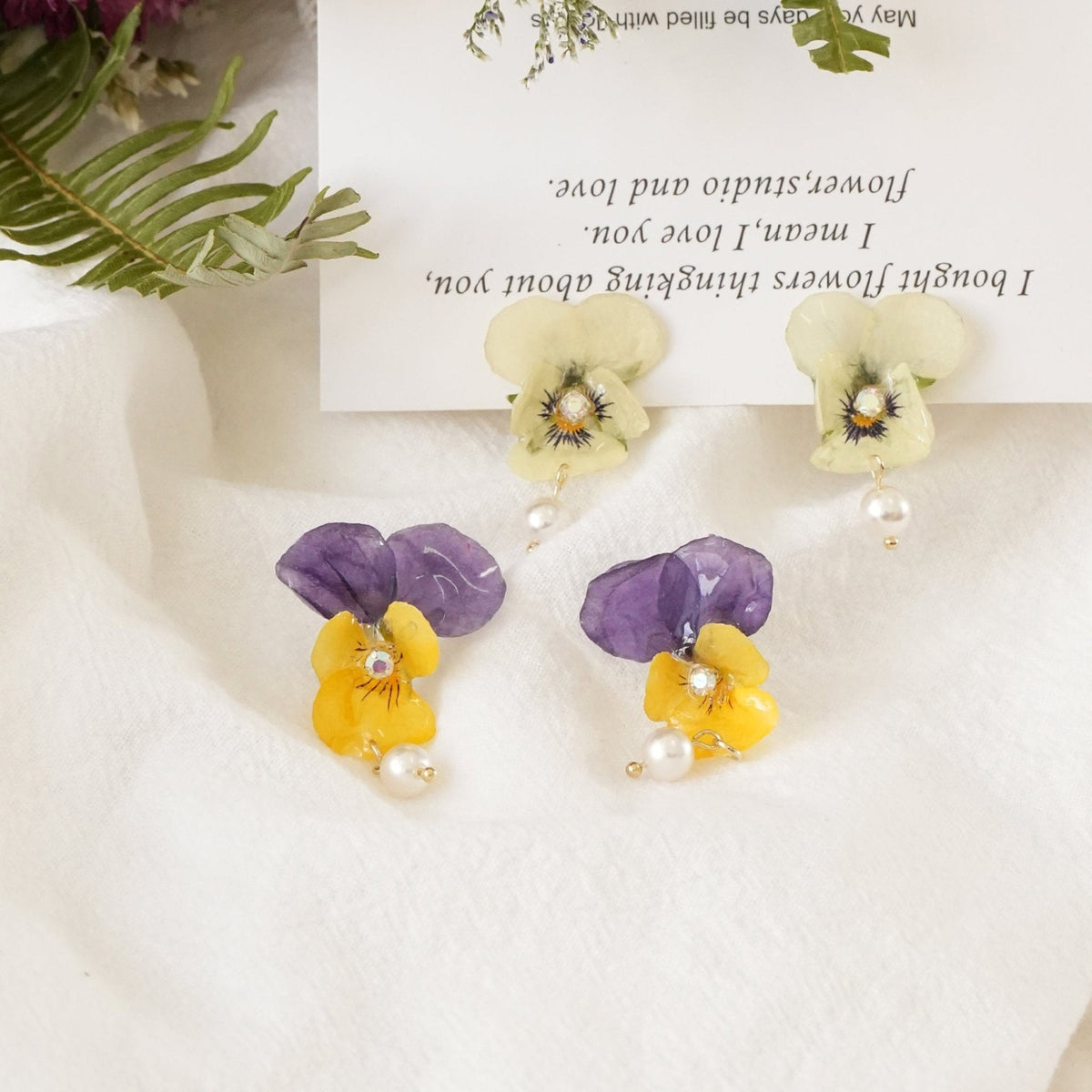 Real Viola Pansy Earrings with Pearl - "The Singing Garden" Pressed Flower Jewelry
