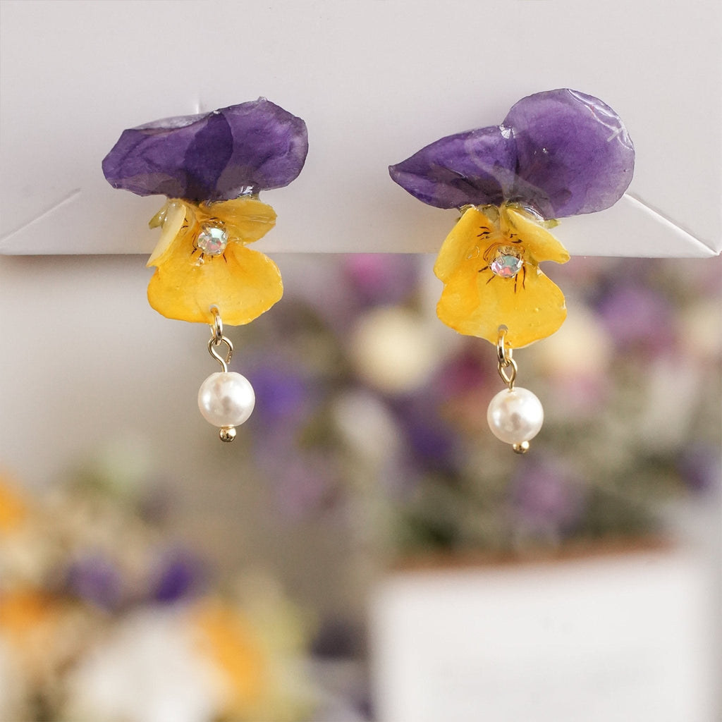 Real Viola Pansy Earrings with Pearl - "The Singing Garden" Pressed Flower Jewelry
