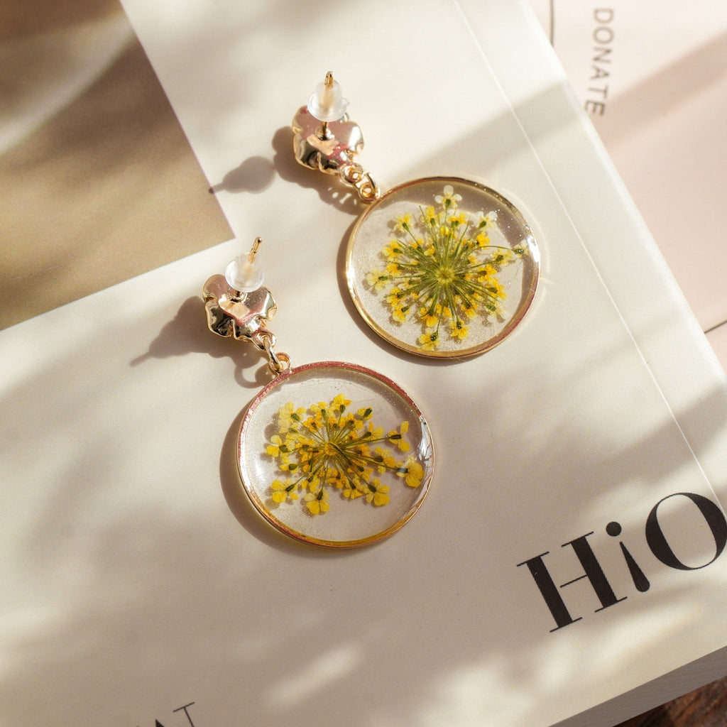 Real Yellow Lace Flower Earrings - "Golden Sunburst" Pressed Botanical Jewelry