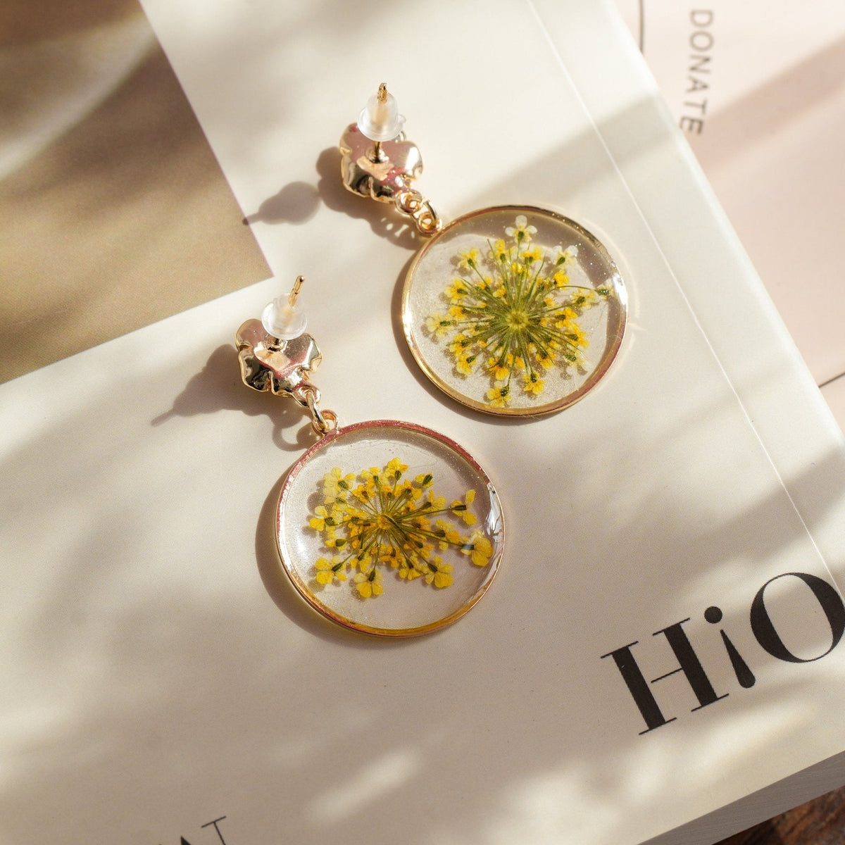 Real Yellow Lace Flower Earrings - "Golden Sunburst" Pressed Botanical Jewelry