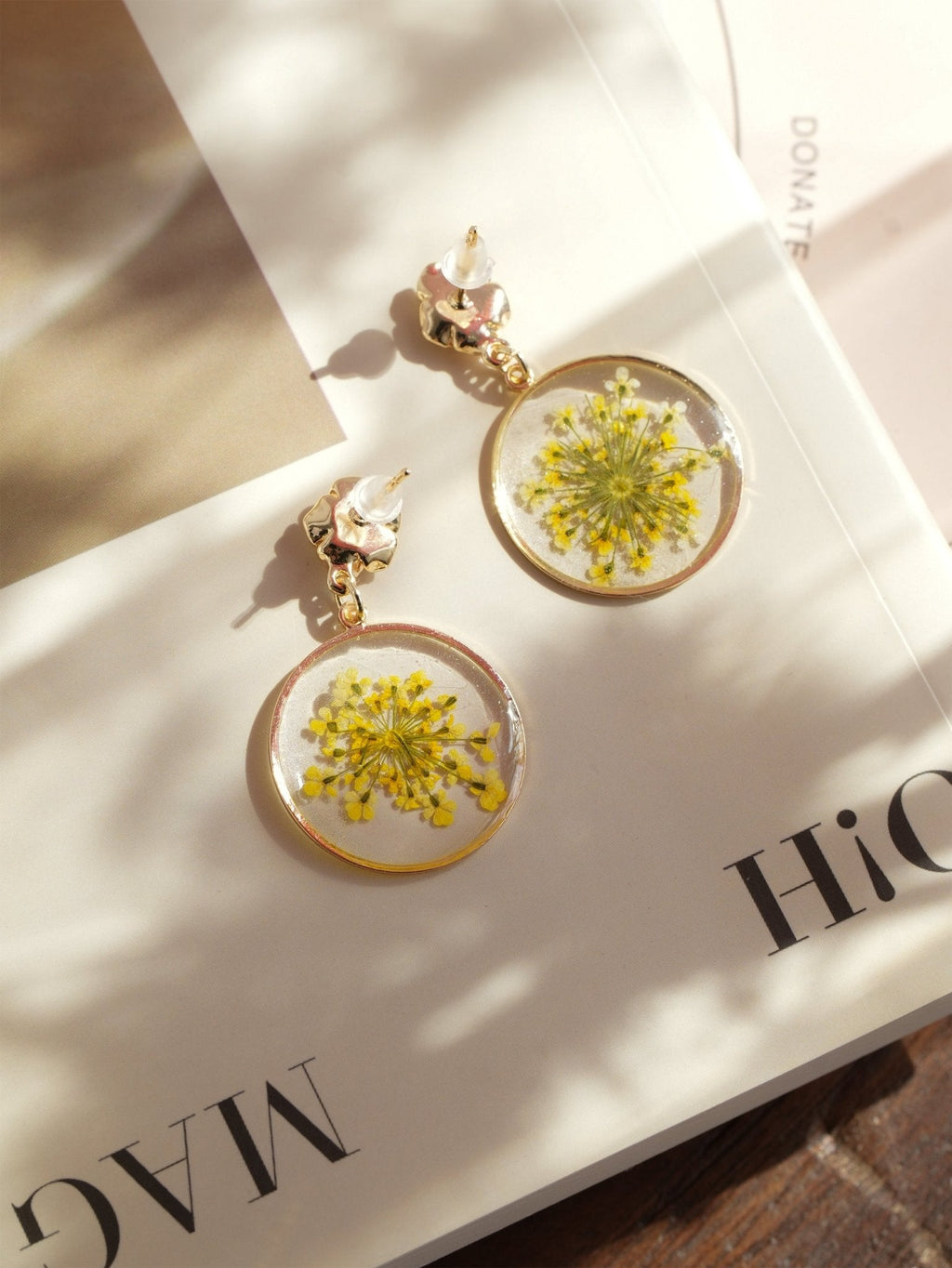 Real Yellow Lace Flower Earrings - "Golden Sunburst" Pressed Botanical Jewelry
