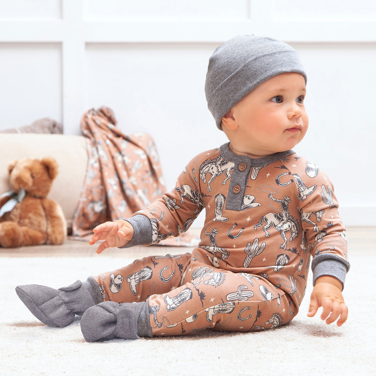 Wild Wrangler/Brown Western Bamboo Henley Romper for Babies - Shop Avnu