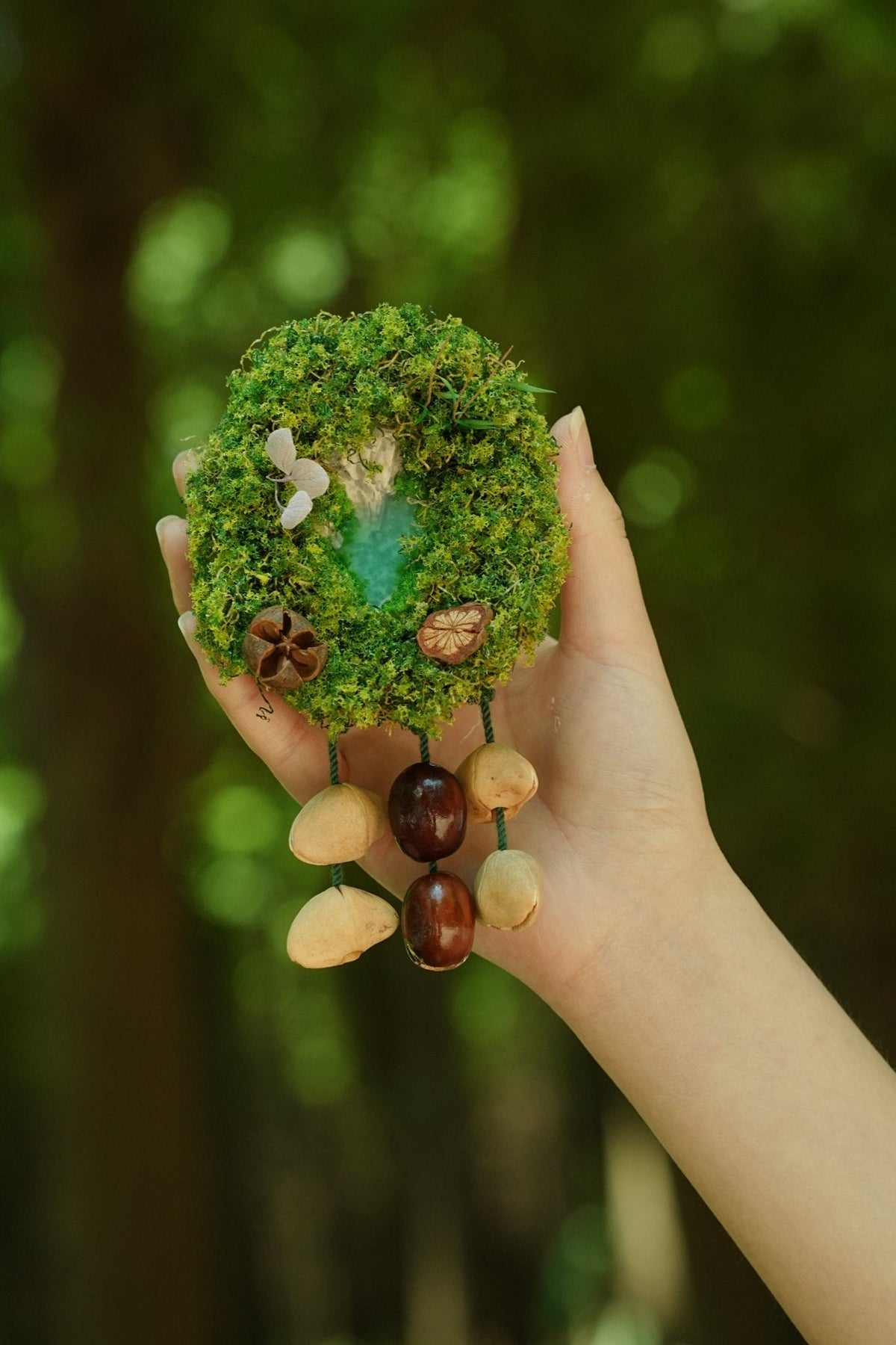 "The Acorn Family" - Handmade Moss Forest Wall Hanging & Seed Mobile