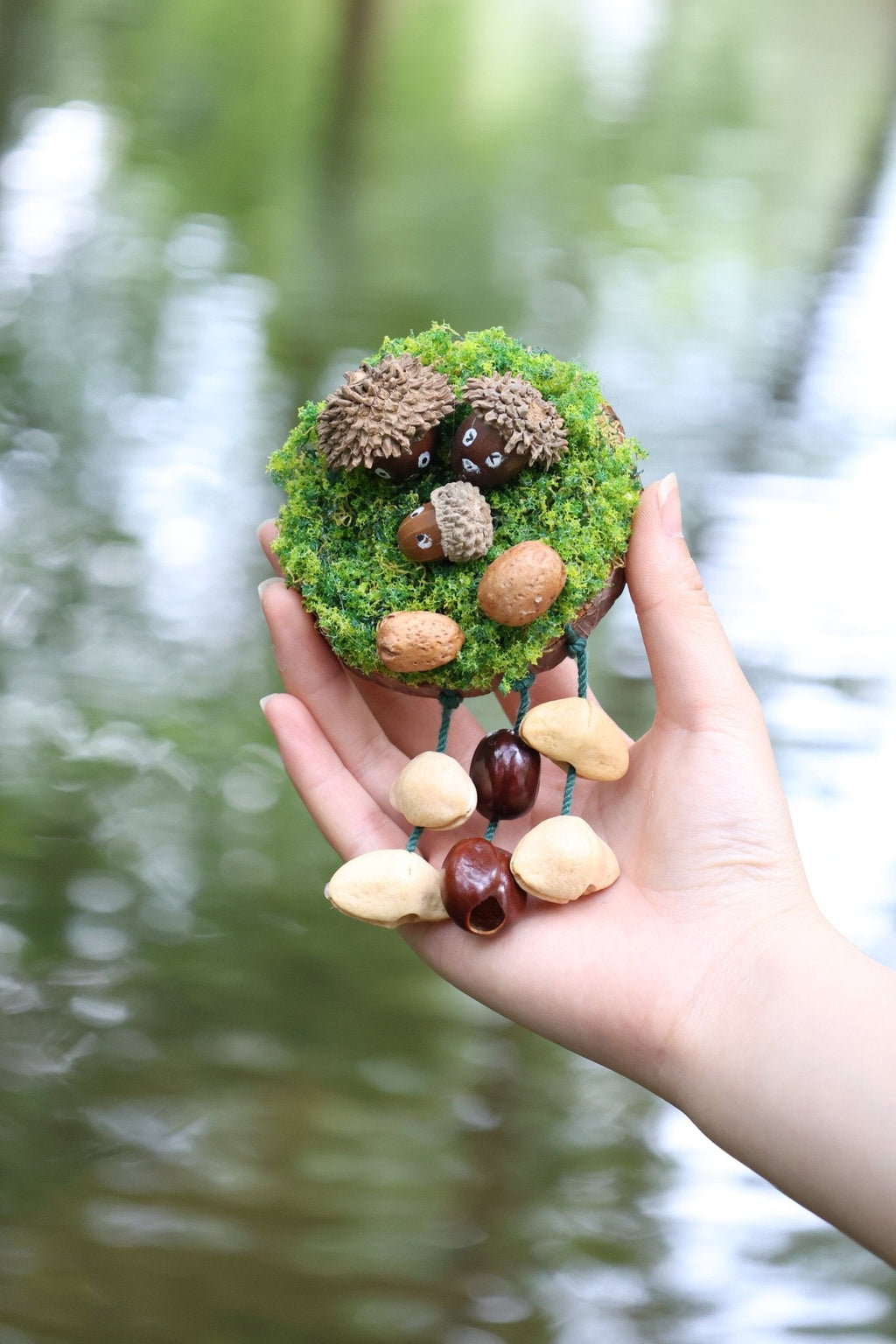 "The Acorn Family" - Handmade Moss Forest Wall Hanging & Seed Mobile