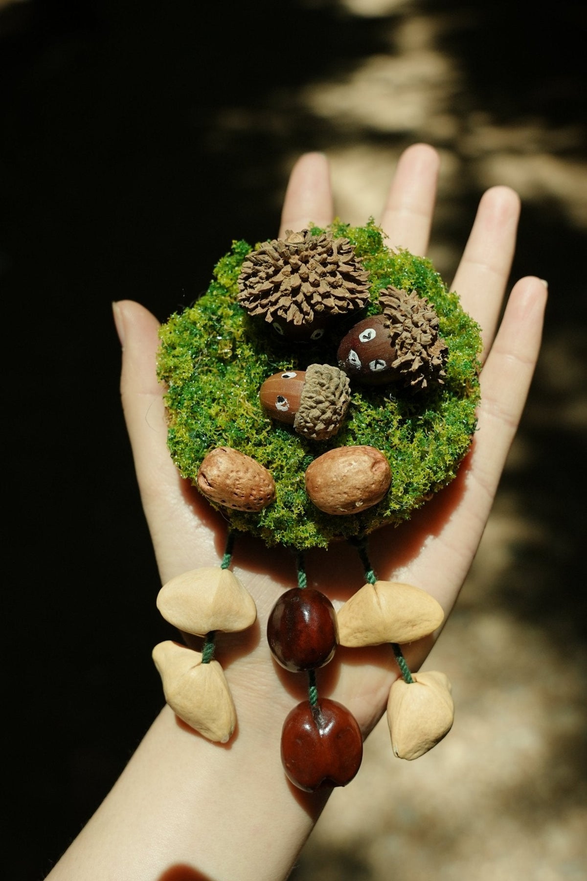 "The Acorn Family" - Handmade Moss Forest Wall Hanging & Seed Mobile