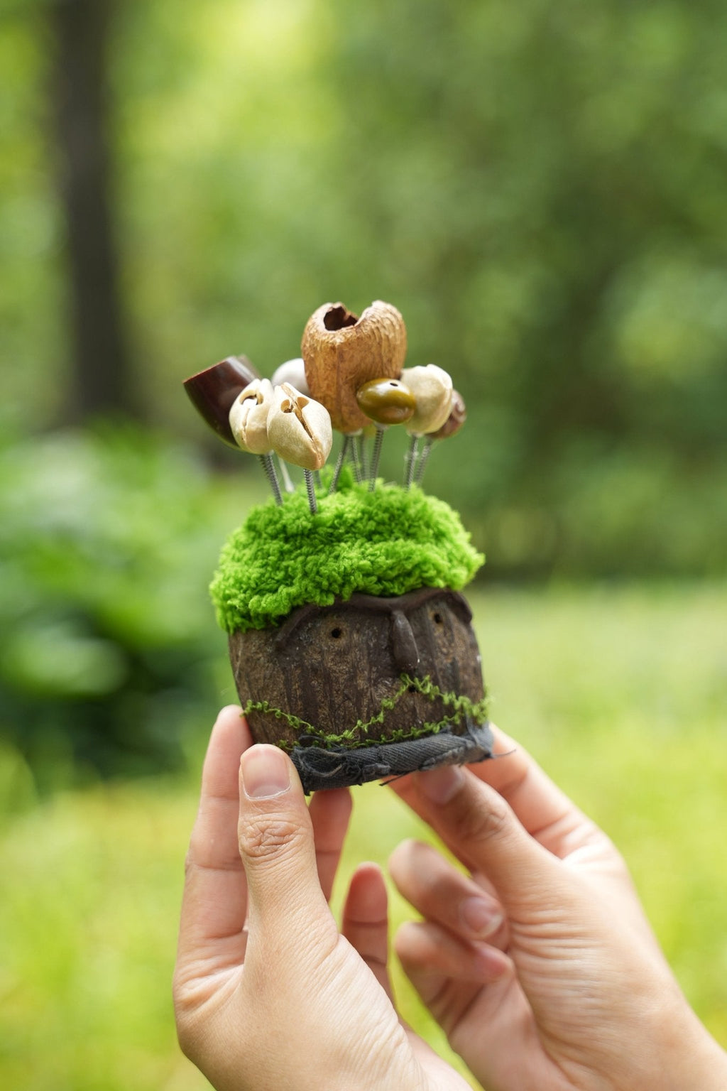 "The Ancient Stone Keeper" - Mossy Moai Totem Nut Shell Doll