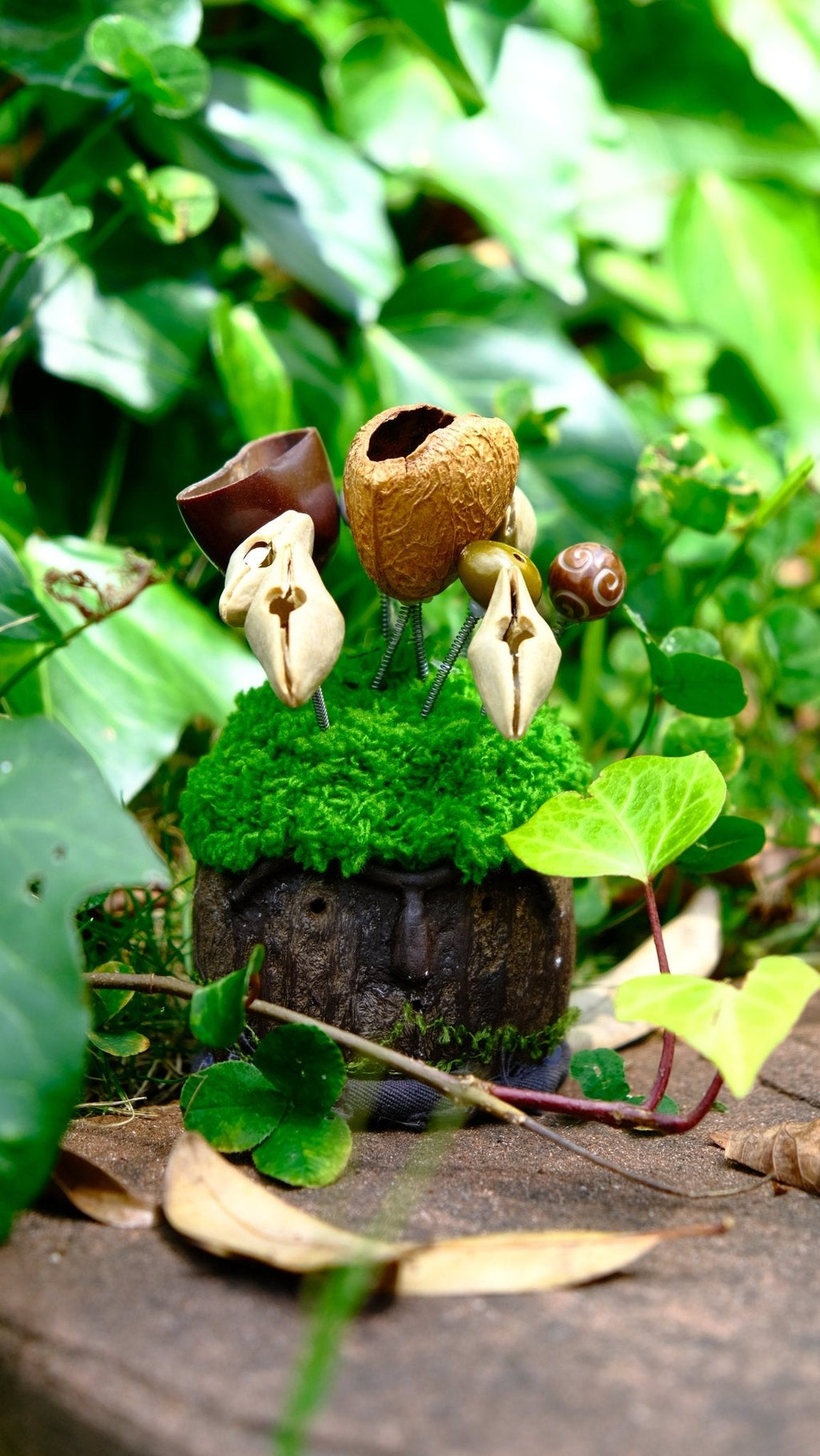"The Ancient Stone Keeper" - Mossy Moai Totem Nut Shell Doll