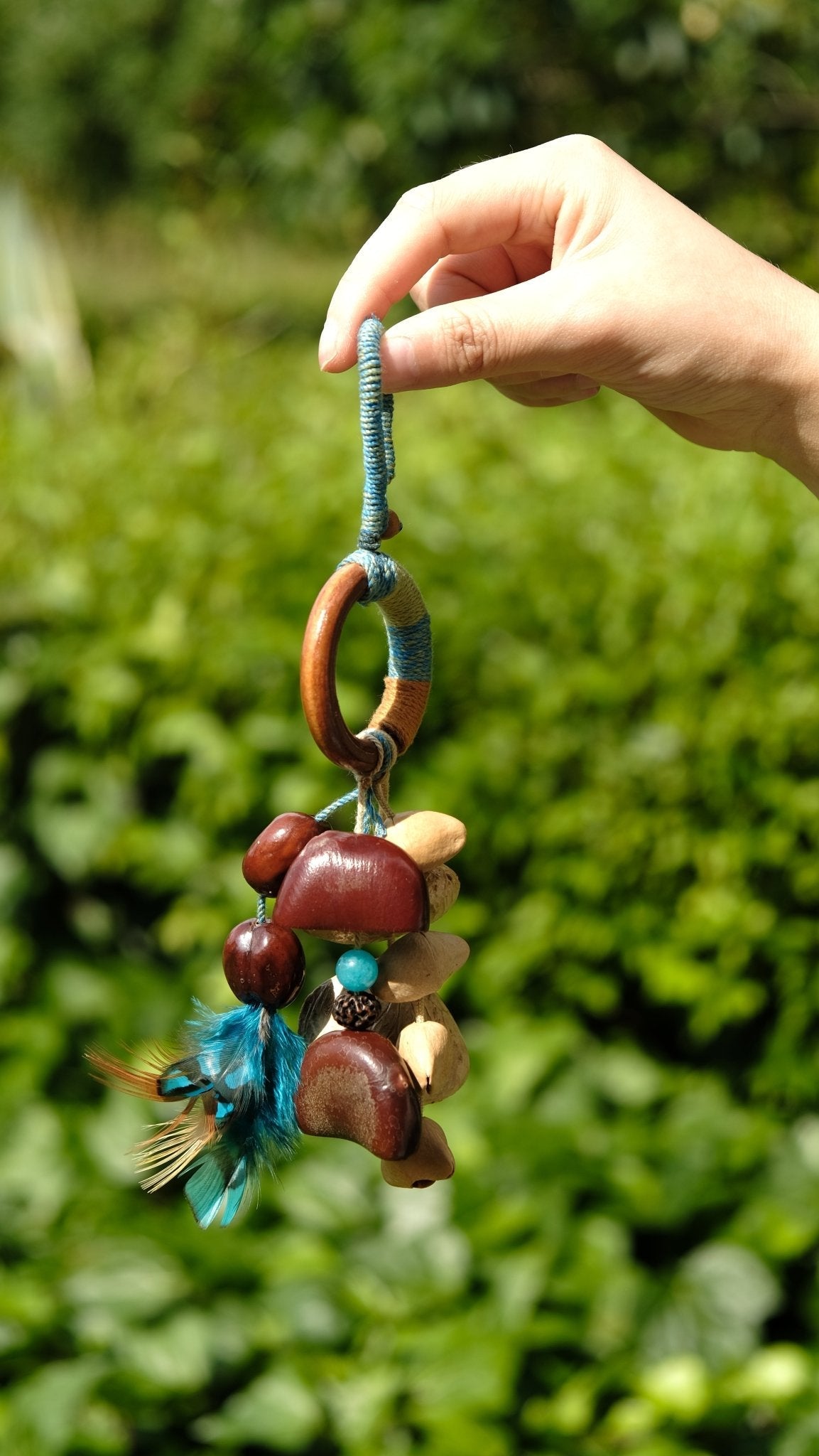 "The Azure Spirit" - Hand-Wrapped Wood Ring & Blue Feather Totem Charm
