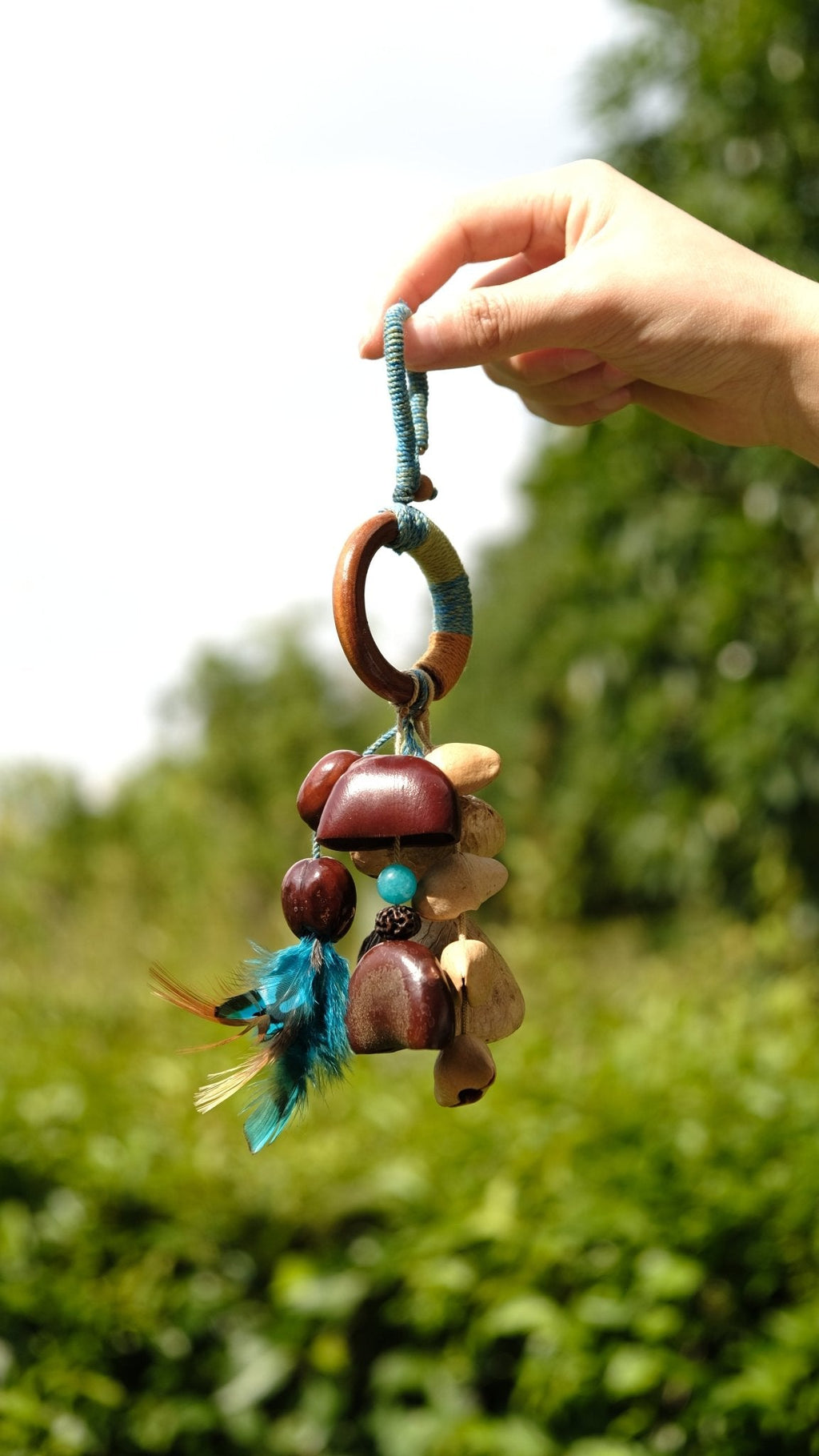 "The Azure Spirit" - Hand-Wrapped Wood Ring & Blue Feather Totem Charm