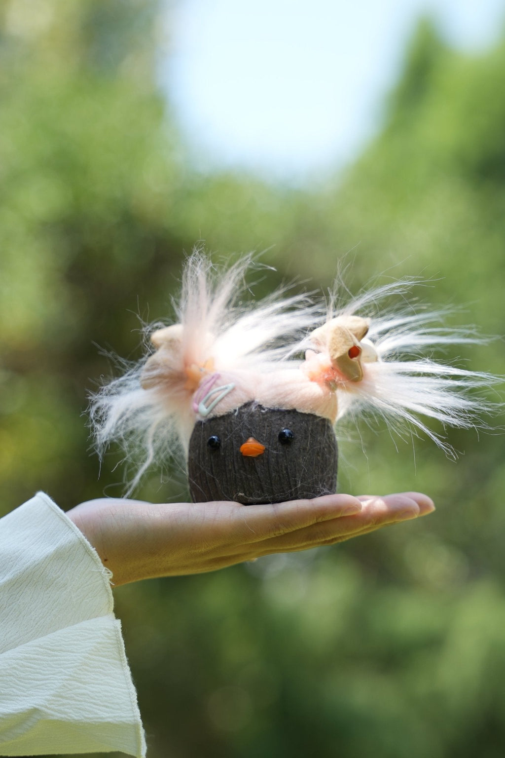 "The Bad Hair Day Monster" - Fuzzy Pink Nut Shell Doll with Pistachio Clips