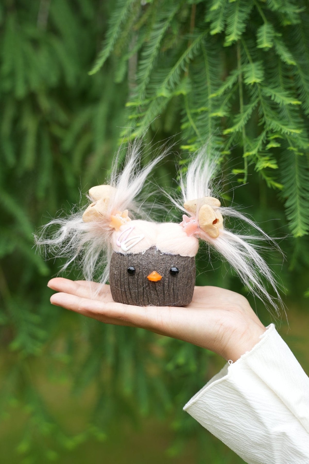 "The Bad Hair Day Monster" - Fuzzy Pink Nut Shell Doll with Pistachio Clips