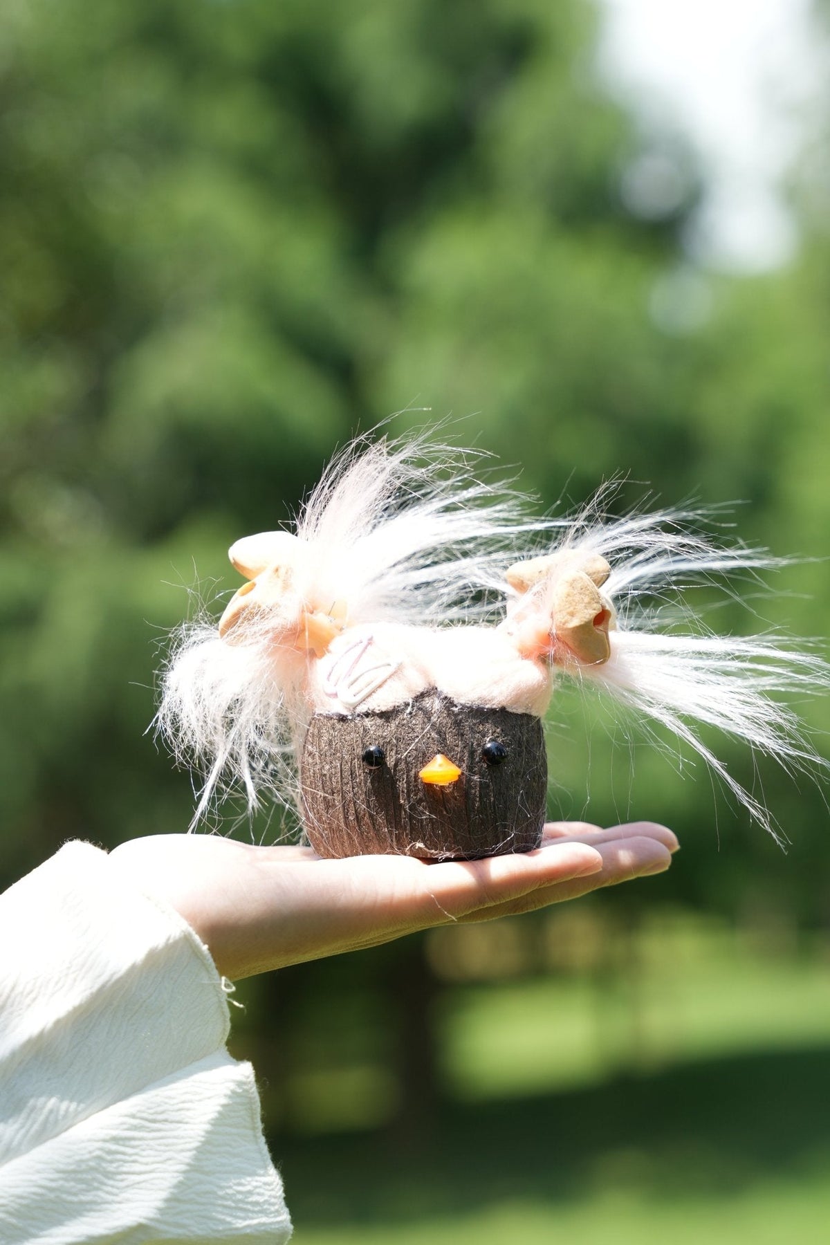 "The Bad Hair Day Monster" - Fuzzy Pink Nut Shell Doll with Pistachio Clips