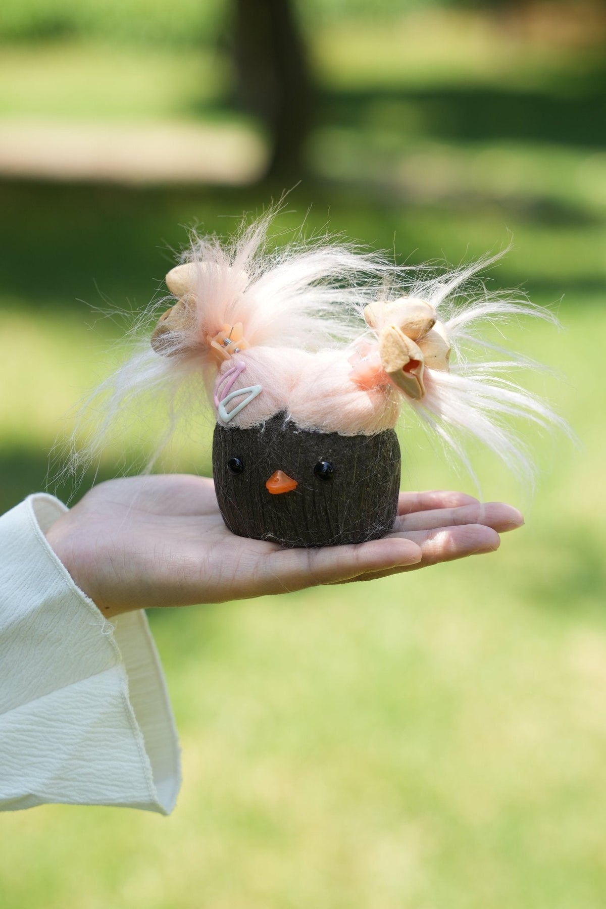 "The Bad Hair Day Monster" - Fuzzy Pink Nut Shell Doll with Pistachio Clips