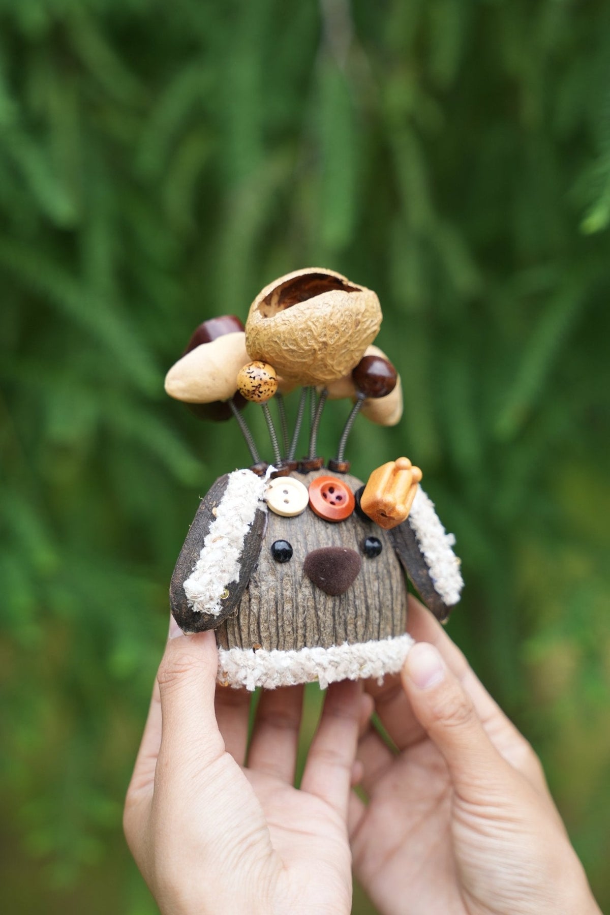 "The Cozy Puppy Guardian" - Nut Shell Dog Doll with Fuzzy Ears & Bone