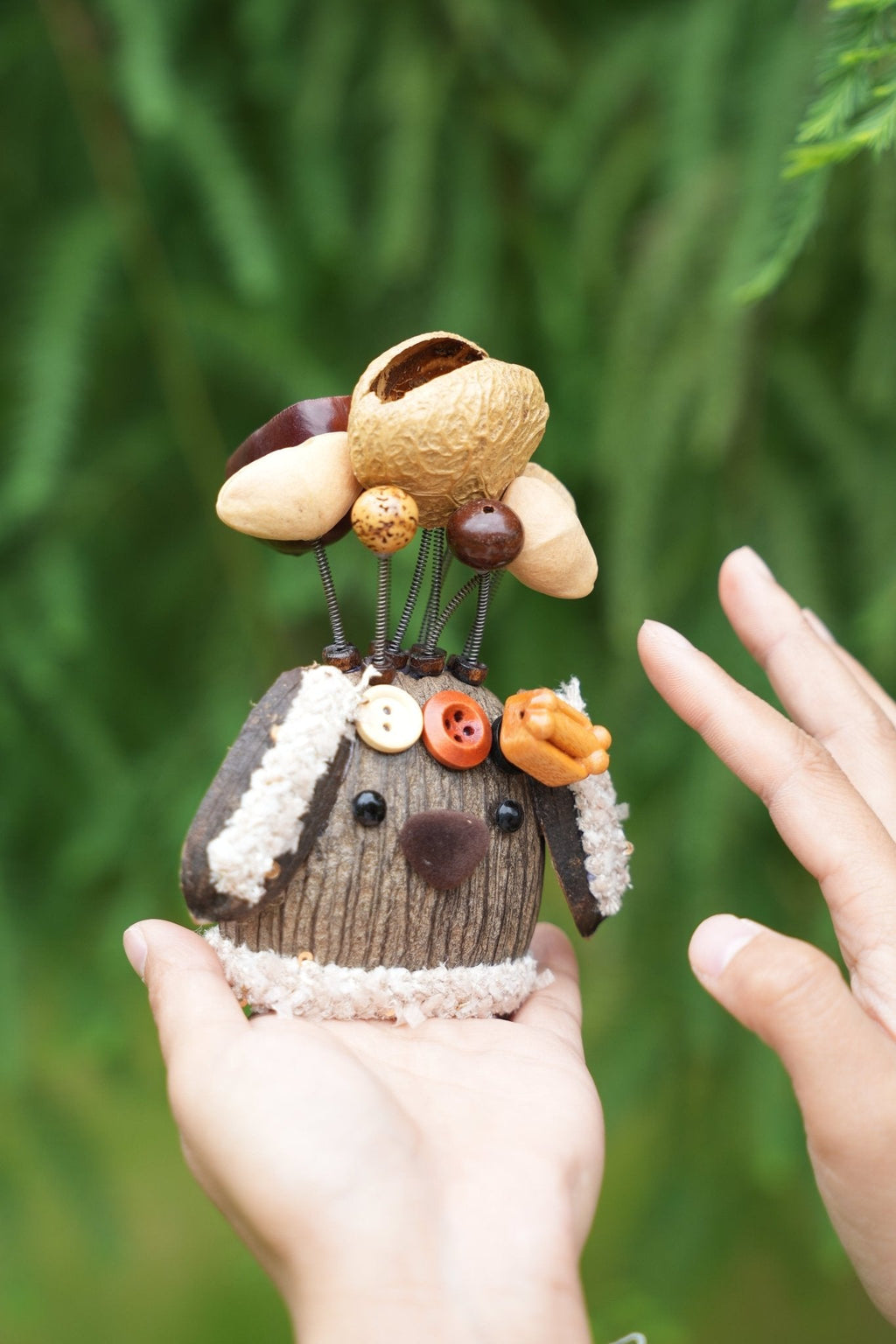 "The Cozy Puppy Guardian" - Nut Shell Dog Doll with Fuzzy Ears & Bone