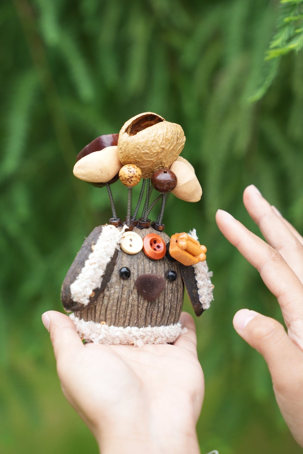 "The Cozy Puppy Guardian" - Nut Shell Dog Doll with Fuzzy Ears & Bone