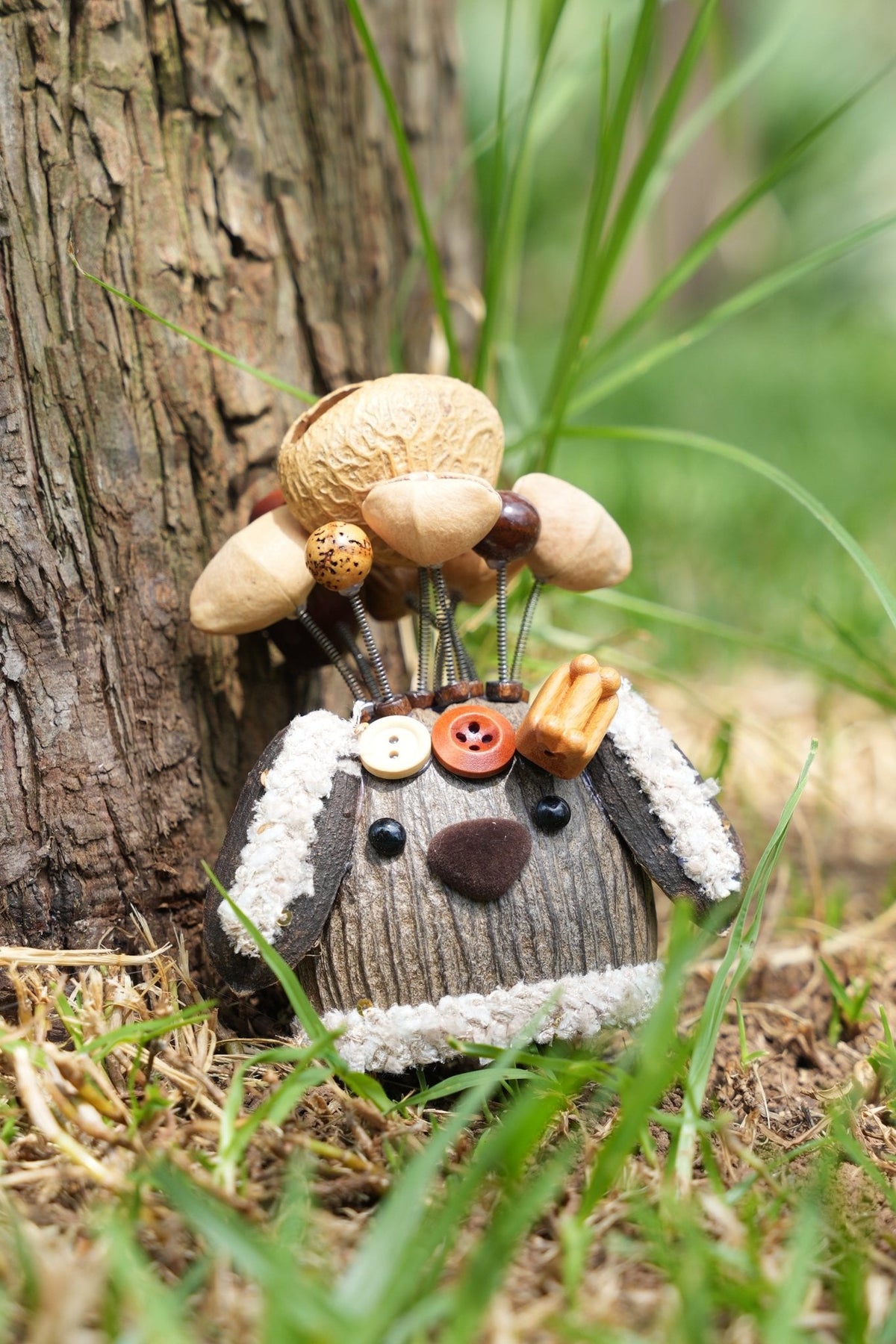 "The Cozy Puppy Guardian" - Nut Shell Dog Doll with Fuzzy Ears & Bone