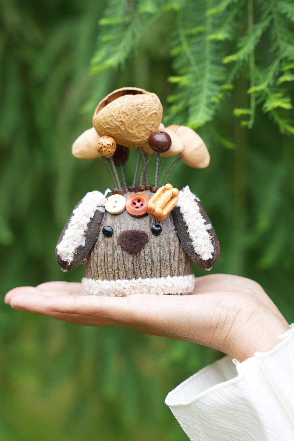 "The Cozy Puppy Guardian" - Nut Shell Dog Doll with Fuzzy Ears & Bone