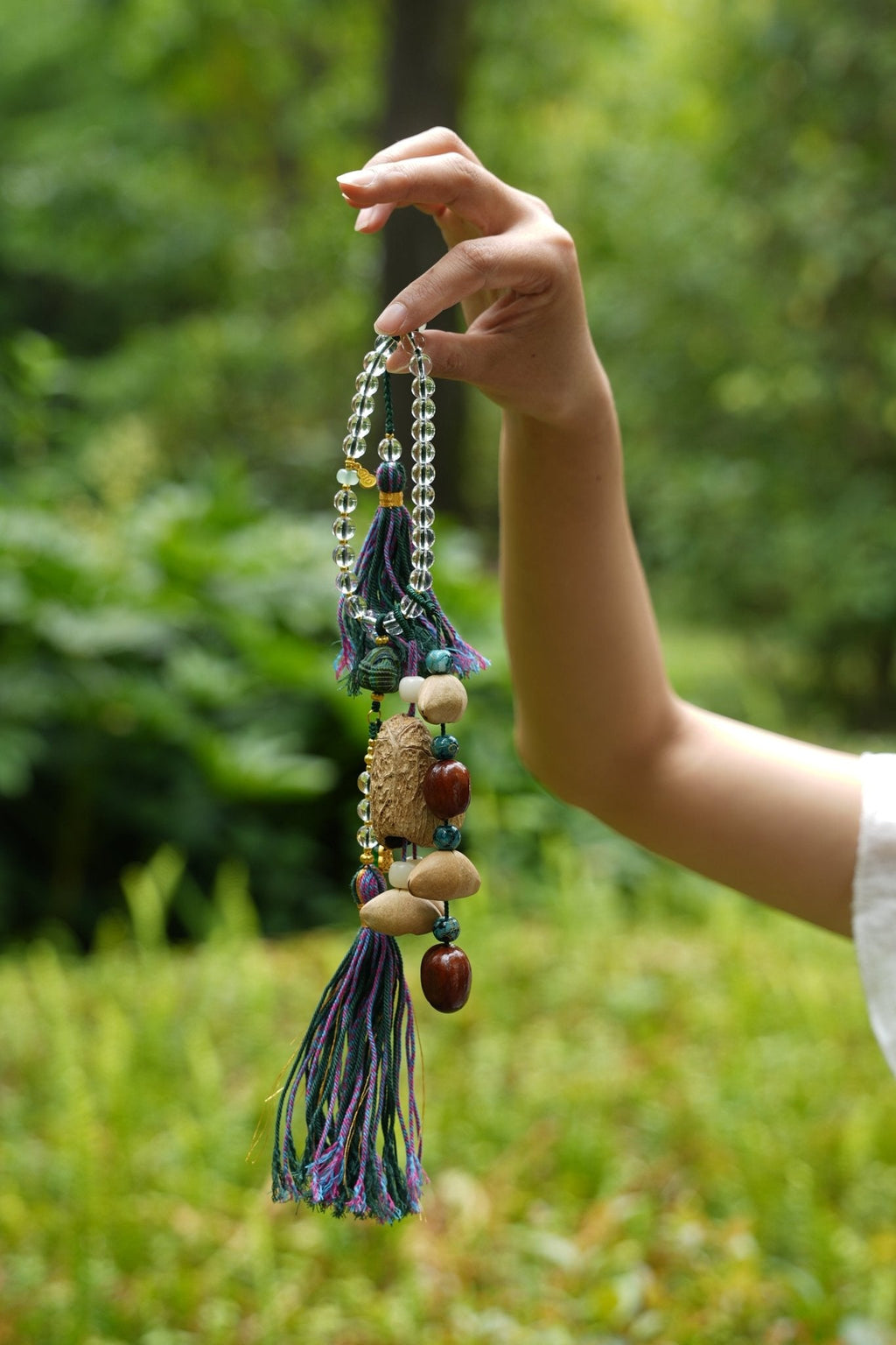 "The Crystal Harmony Tassel" - Natural Seed Charm with Crystal Beads & Silk Tassels