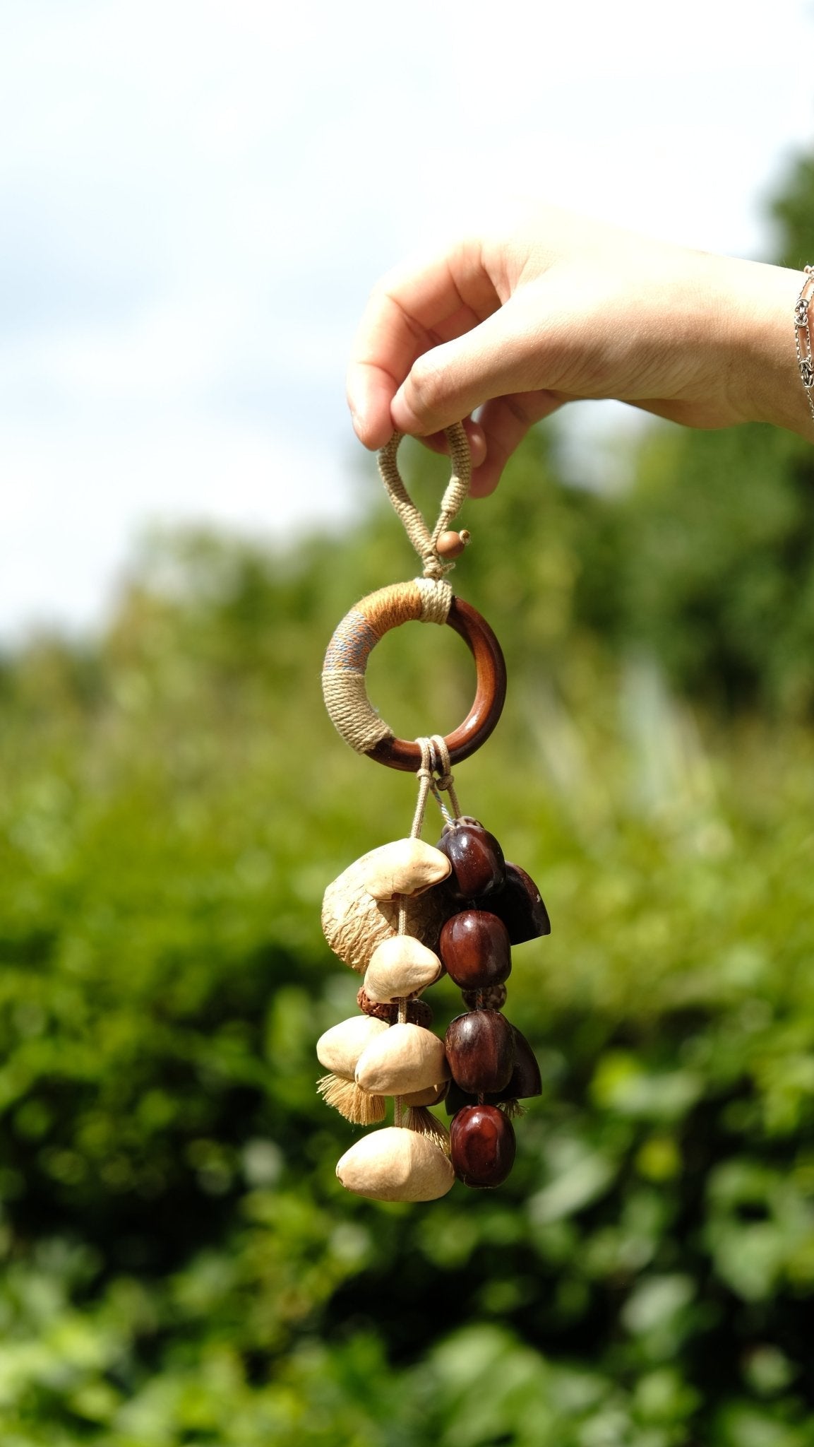 "The Earth Song" - Hand-Wrapped Wood Ring & Fibrous Pod Bag Charm