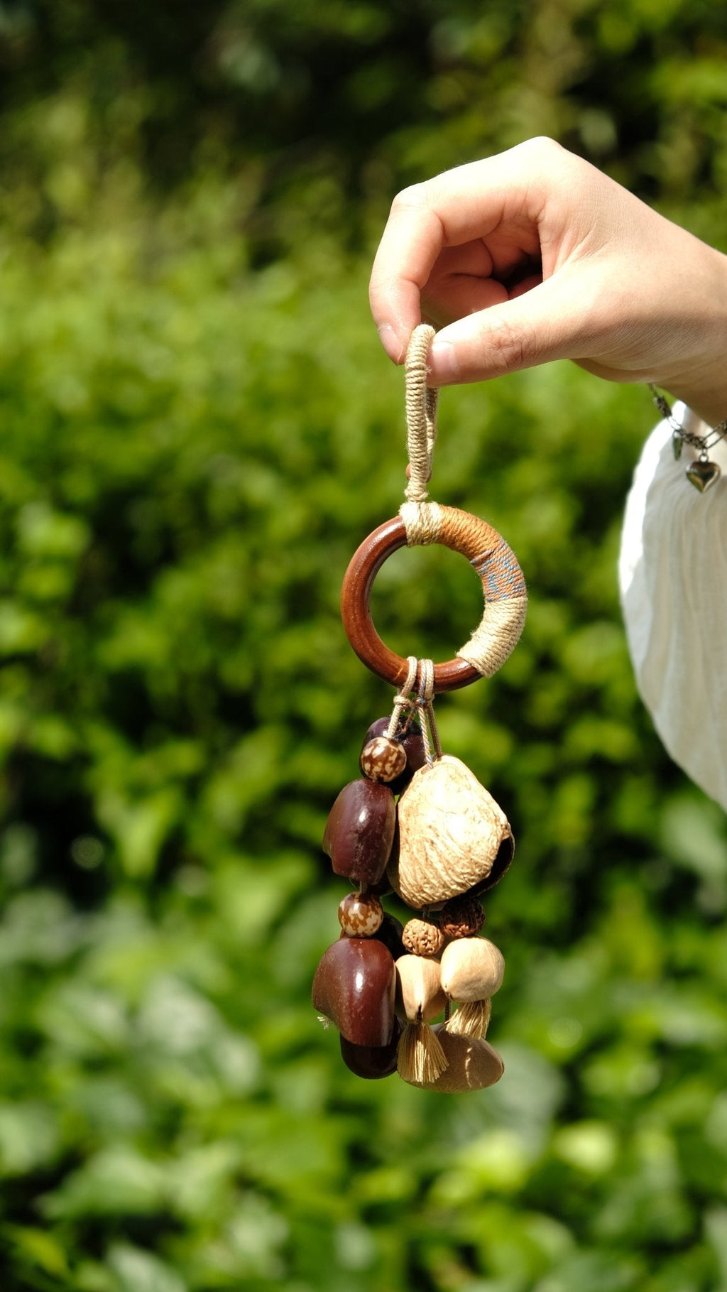 "The Earth Song" - Hand-Wrapped Wood Ring & Fibrous Pod Bag Charm