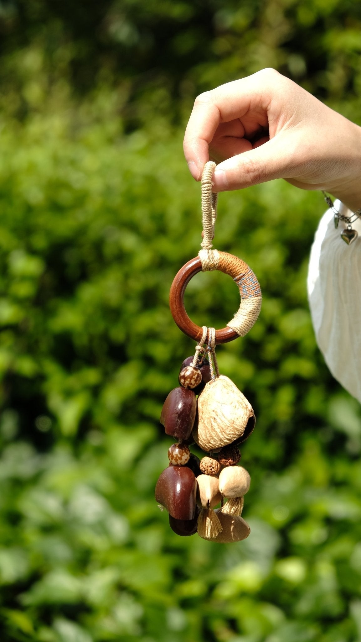 "The Earth Song" - Hand-Wrapped Wood Ring & Fibrous Pod Bag Charm