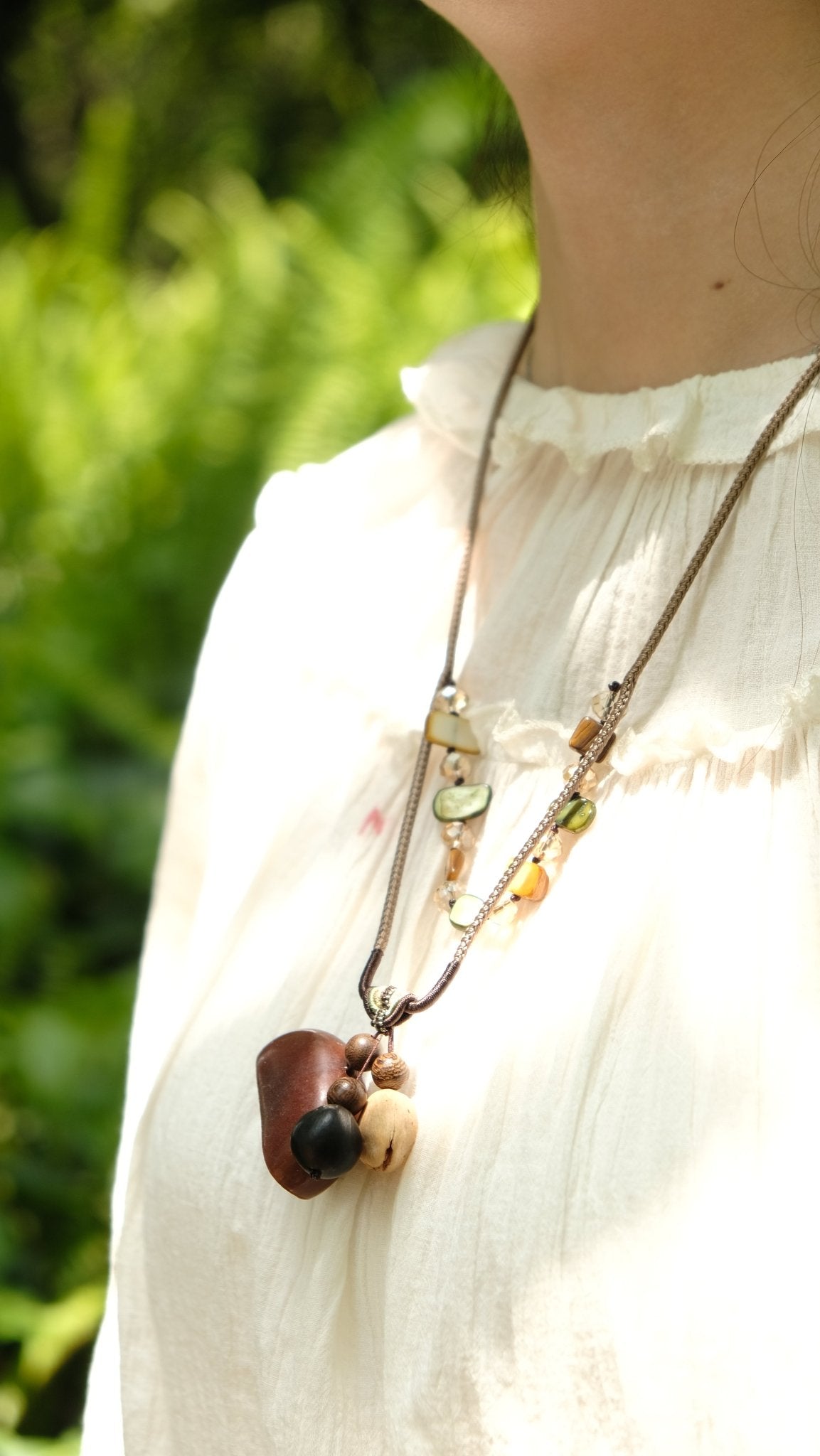 "The Earthy Gem" - Natural Seed Pendant Necklace with Beaded Stone Chain