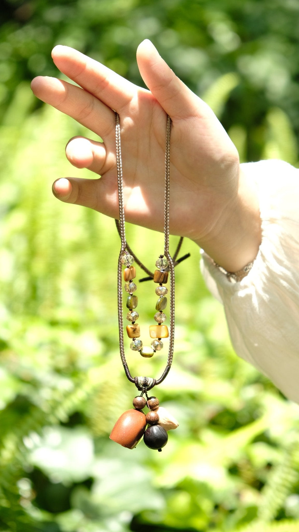 "The Earthy Gem" - Natural Seed Pendant Necklace with Beaded Stone Chain