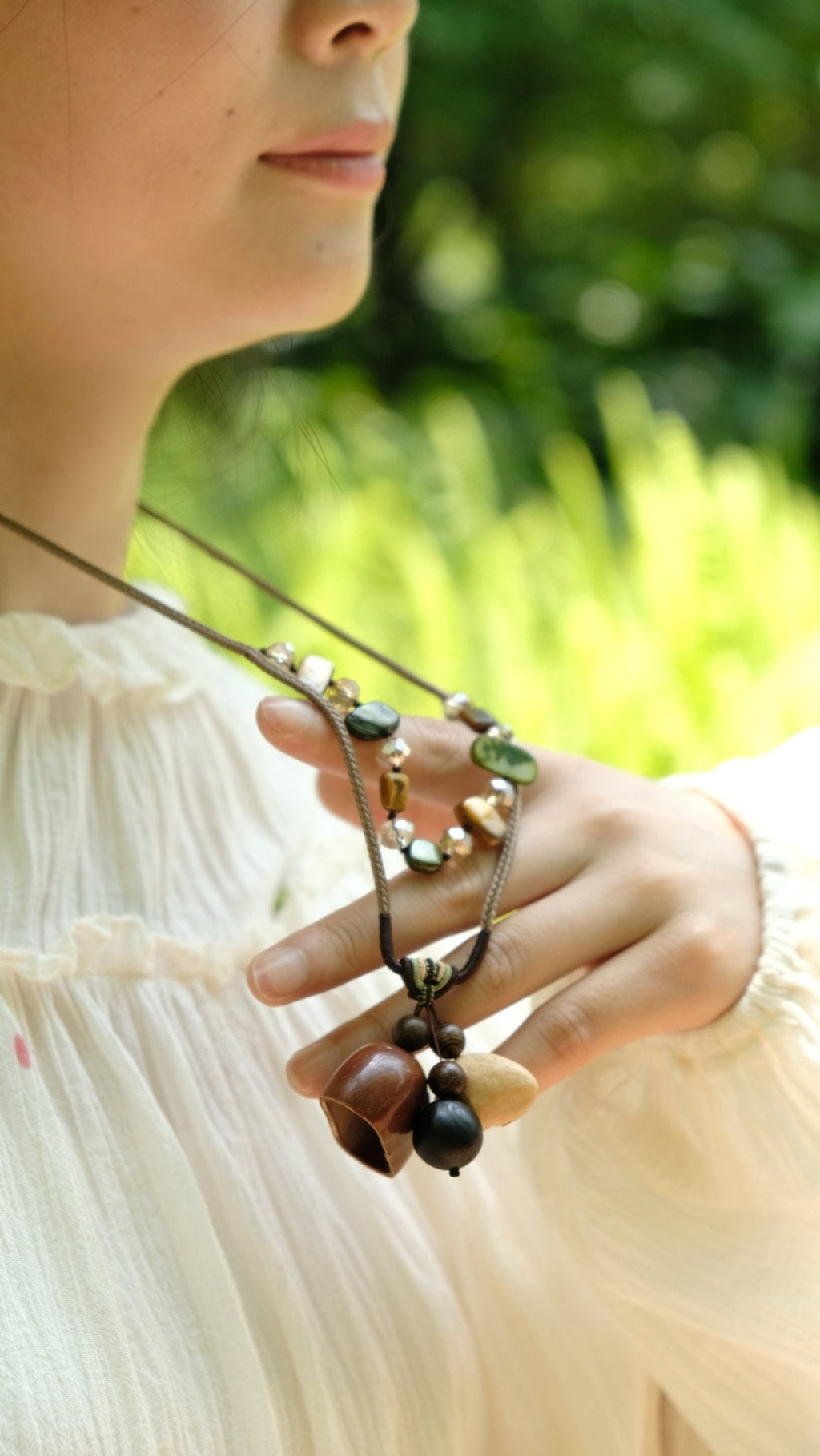 "The Earthy Gem" - Natural Seed Pendant Necklace with Beaded Stone Chain