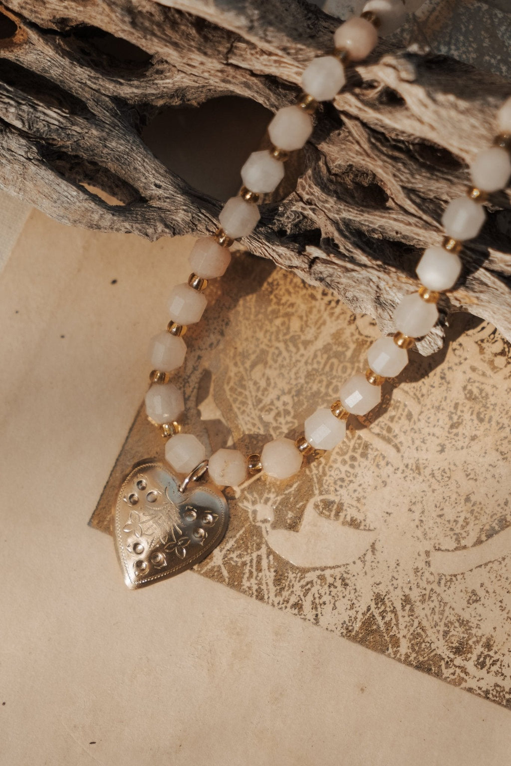 The Fancy Heart Necklace in 14k Gold-Fill w/ Peach Aquamarine Beads