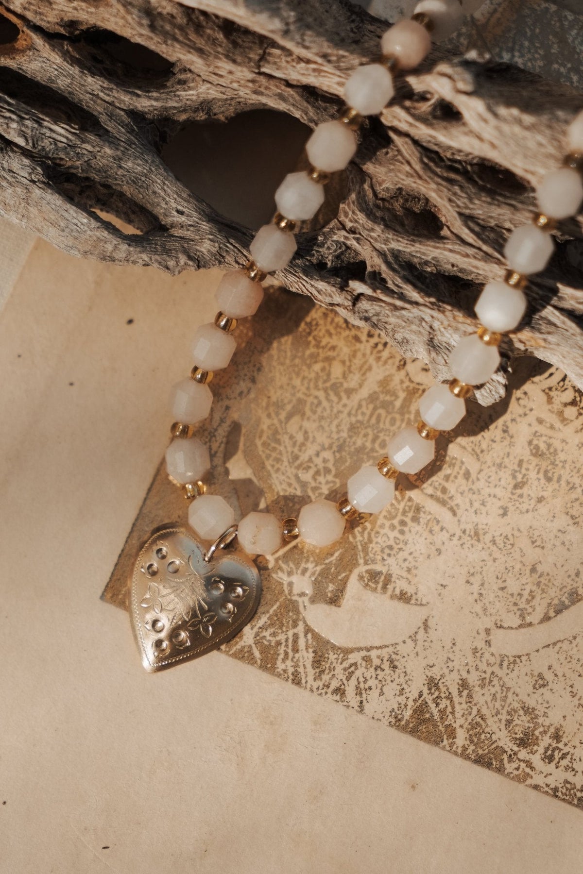 The Fancy Heart Necklace in 14k Gold-Fill w/ Peach Aquamarine Beads