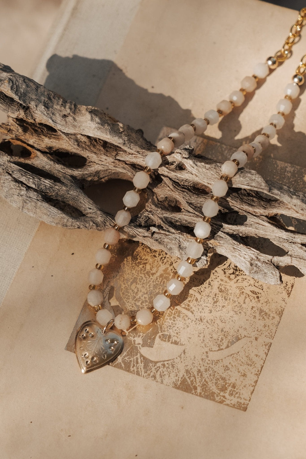 The Fancy Heart Necklace in 14k Gold-Fill w/ Peach Aquamarine Beads