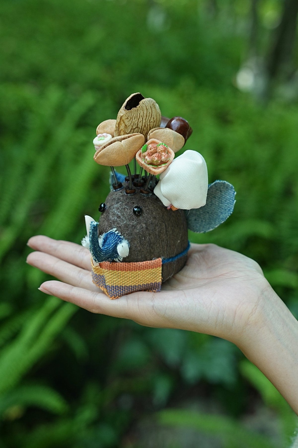 "The Feast King" - Nut Shell Elephant Doll with Snack Crown & Tiny Spoon