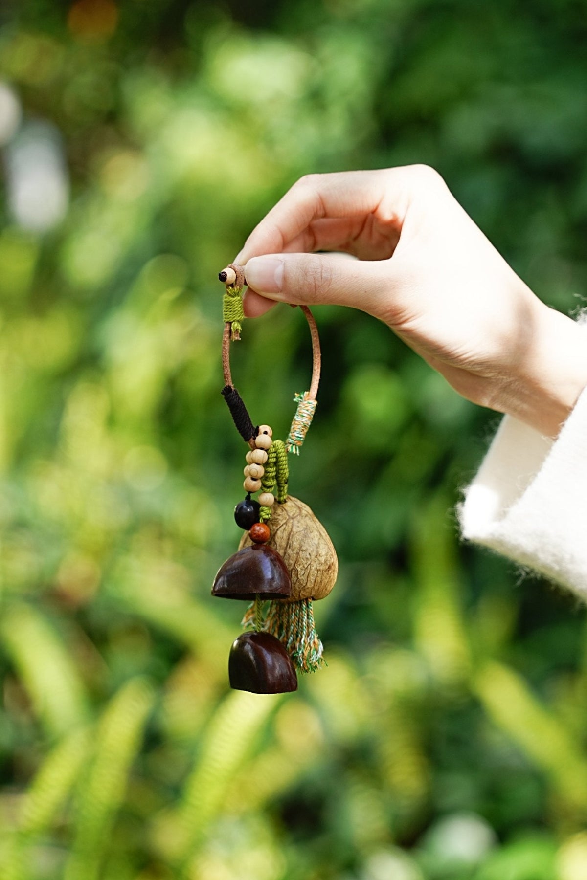 "The Forest Bell" - Handcrafted Nut Shell & Tassel Bag Charm(Greenery Edition)