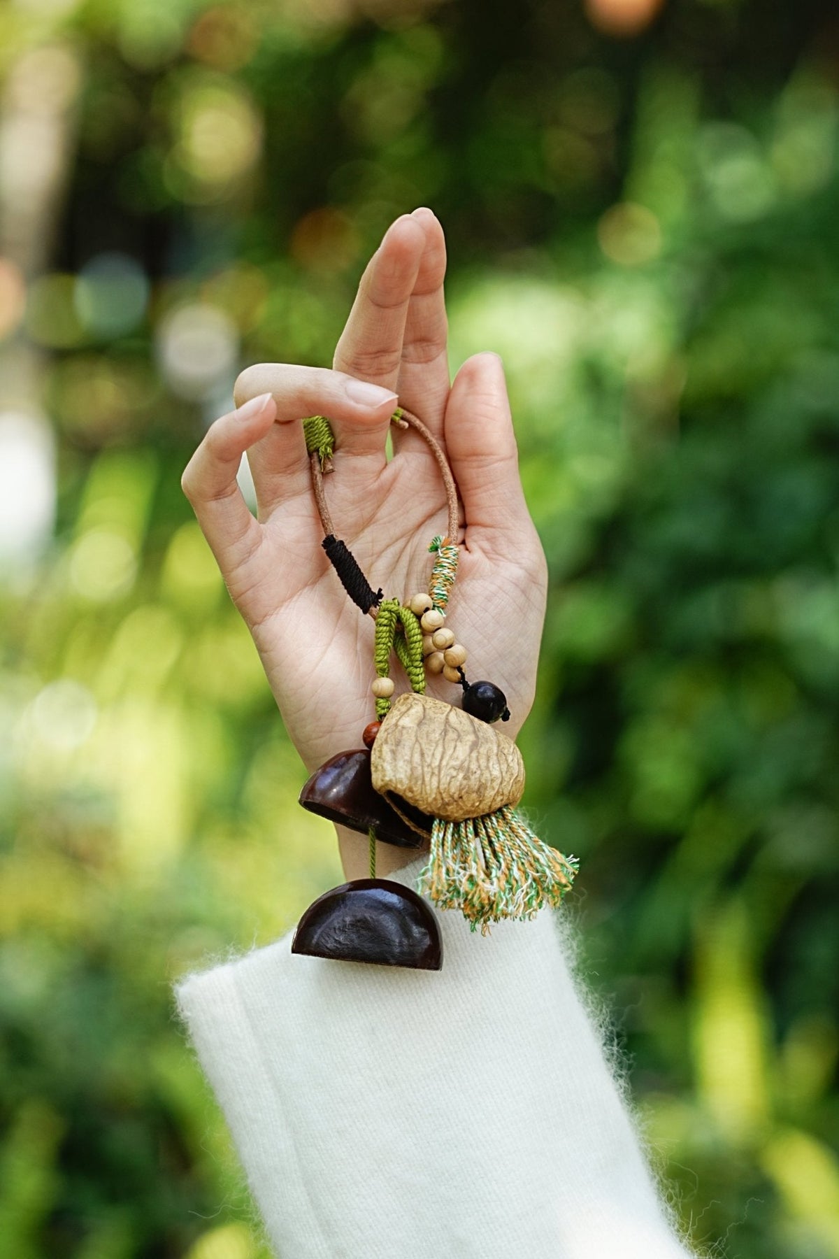 "The Forest Bell" - Handcrafted Nut Shell & Tassel Bag Charm(Greenery Edition)
