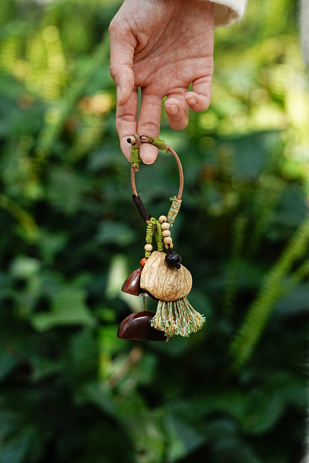 "The Forest Bell" - Handcrafted Nut Shell & Tassel Bag Charm(Greenery Edition)