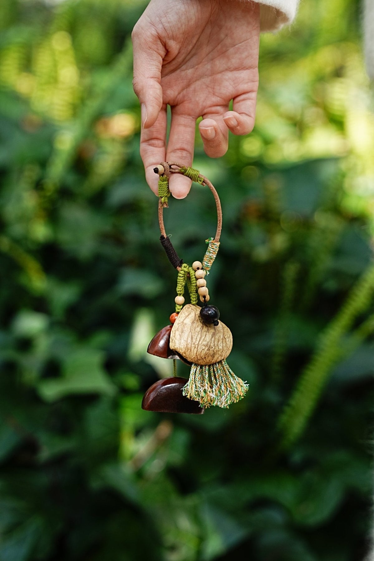 "The Forest Bell" - Handcrafted Nut Shell & Tassel Bag Charm(Greenery Edition)