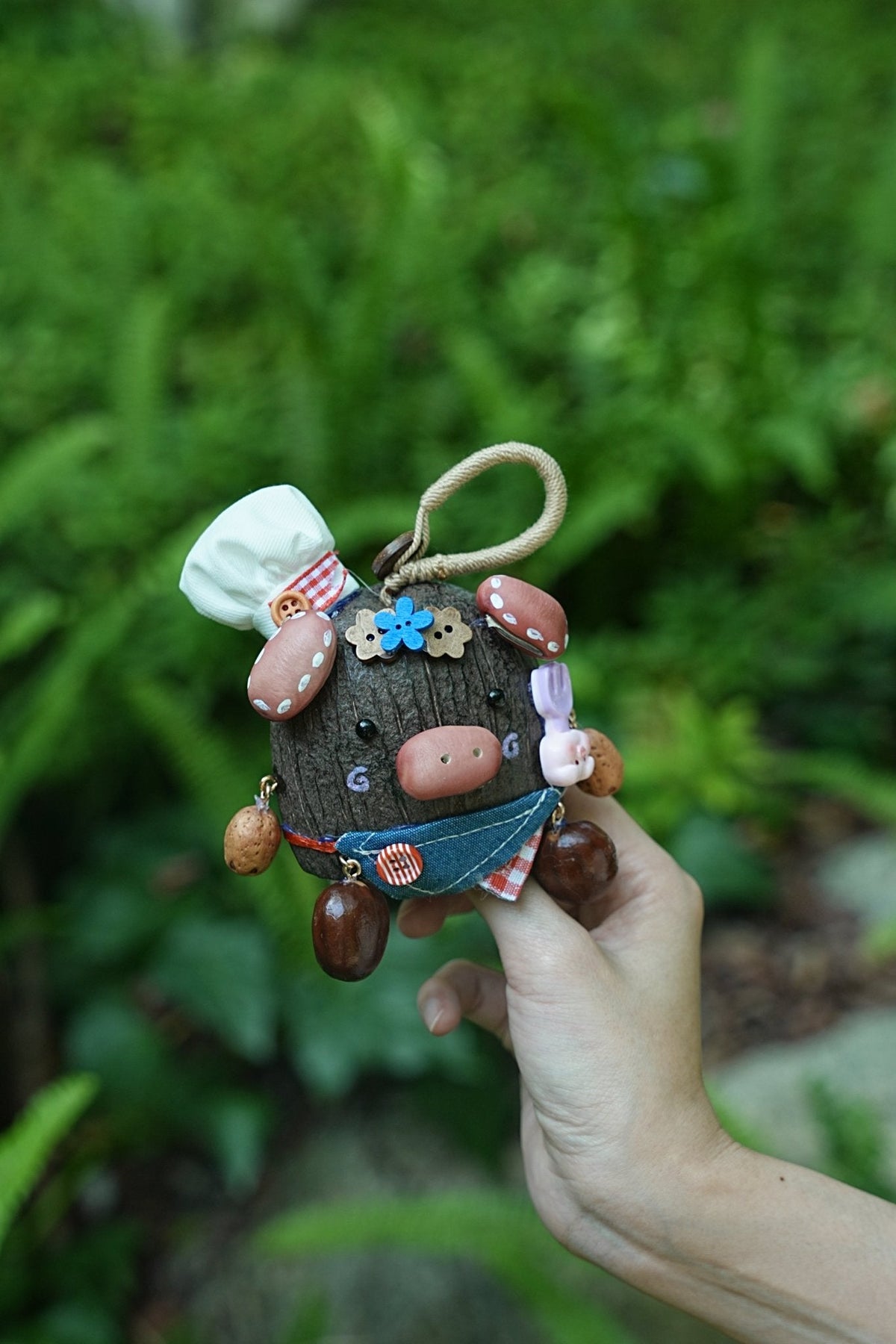 "The Forest Chef" - Handcrafted Nut Shell Piggy Doll with Chef Hat