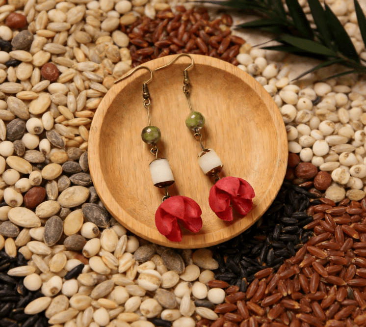 "The Forest Harmony" - Natural Seed & Red Bead Zen Drop Earrings