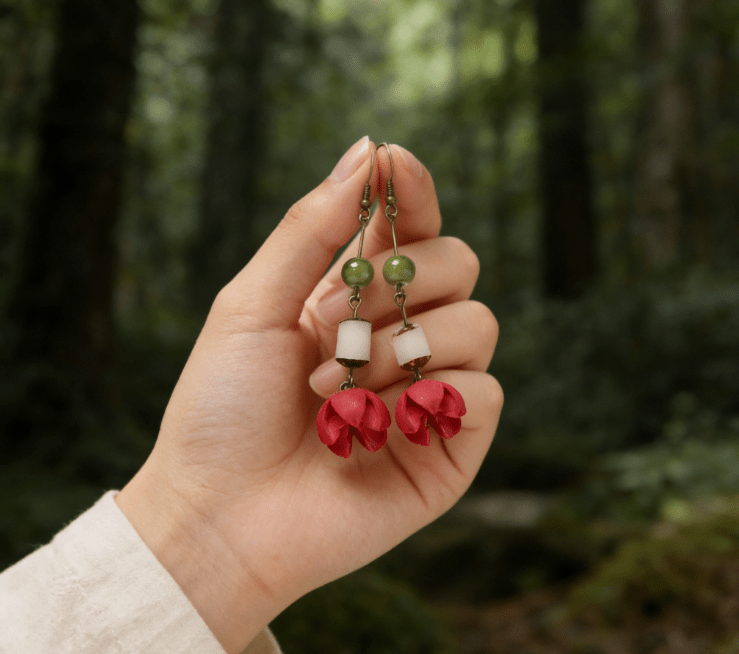"The Forest Harmony" - Natural Seed & Red Bead Zen Drop Earrings