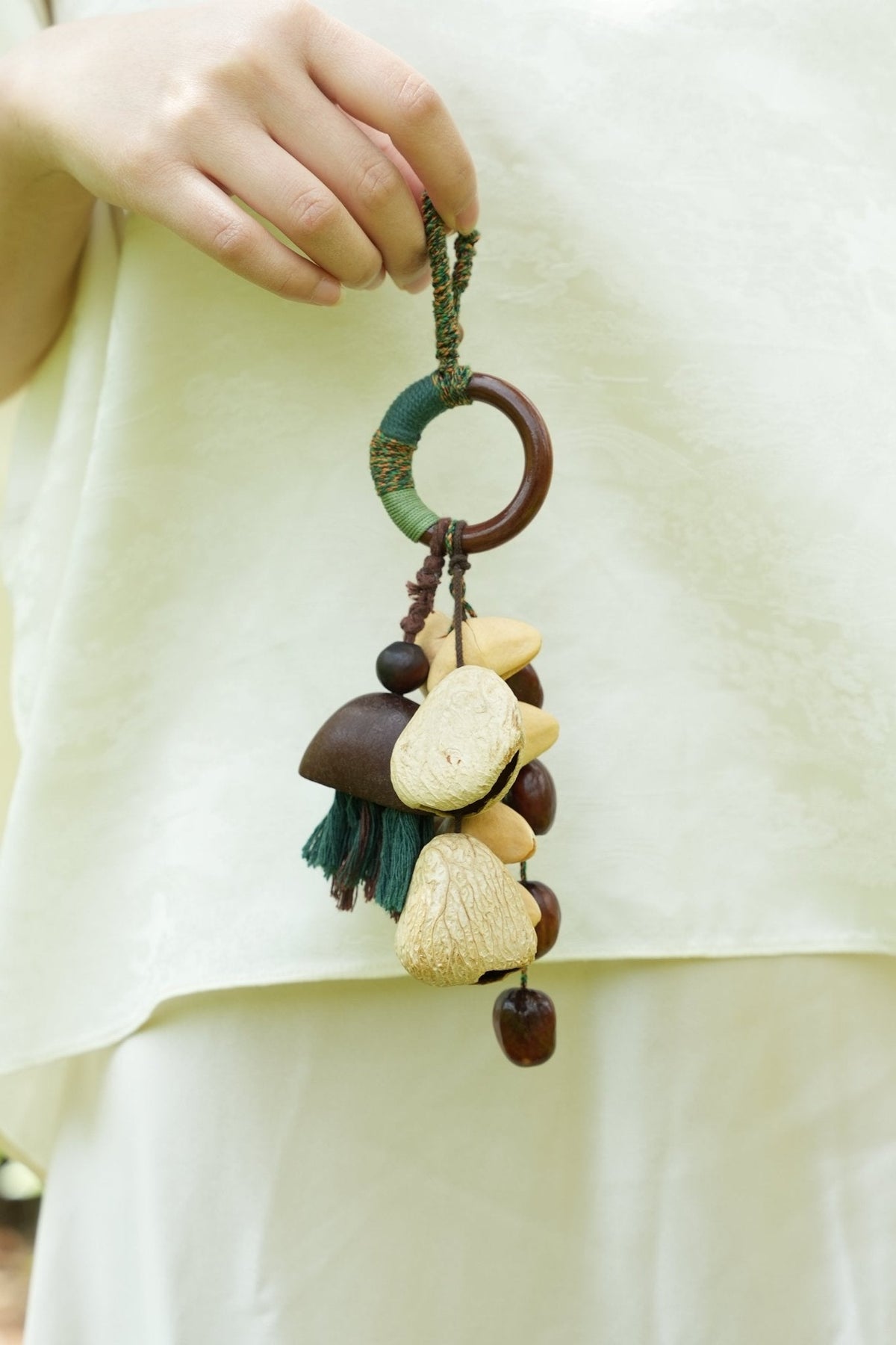 "The Forest Harvest" - Cascading Nut Shell & Green Tassel Bag Charm