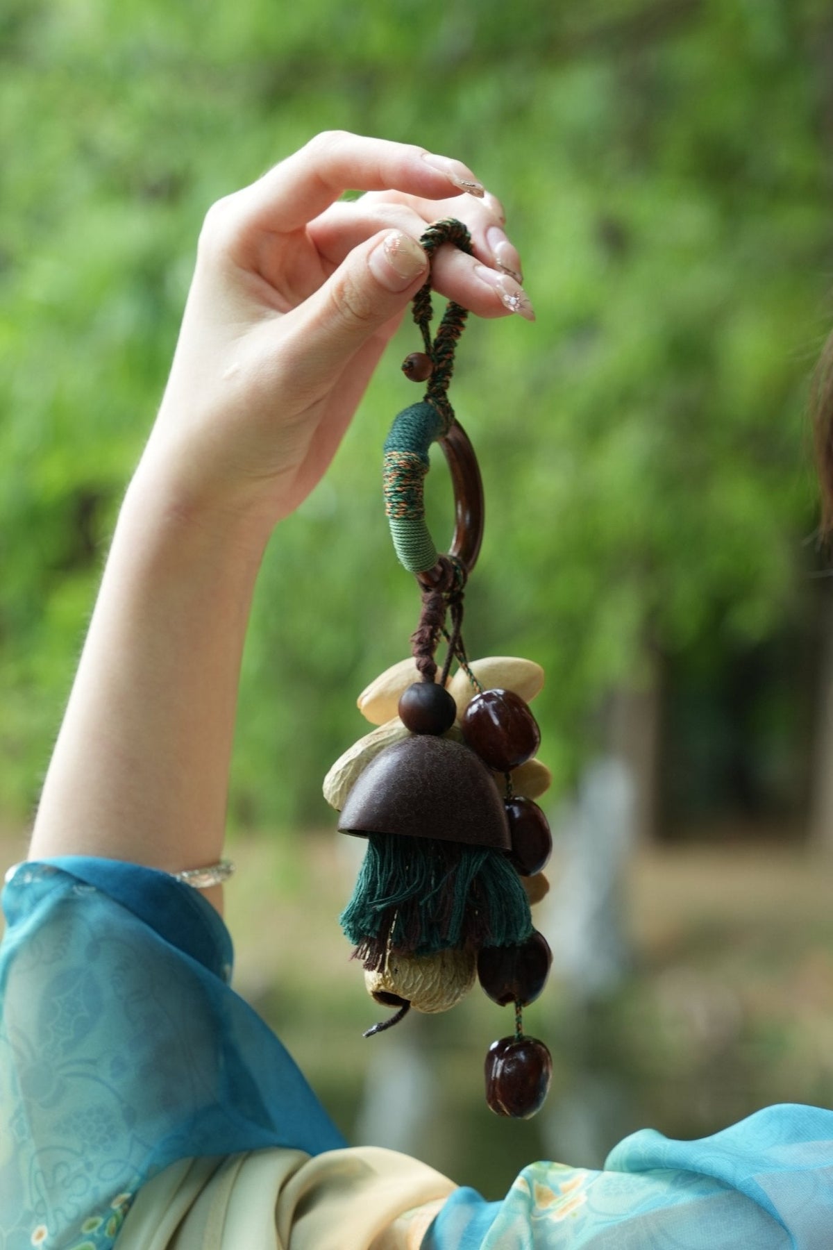 "The Forest Harvest" - Cascading Nut Shell & Green Tassel Bag Charm