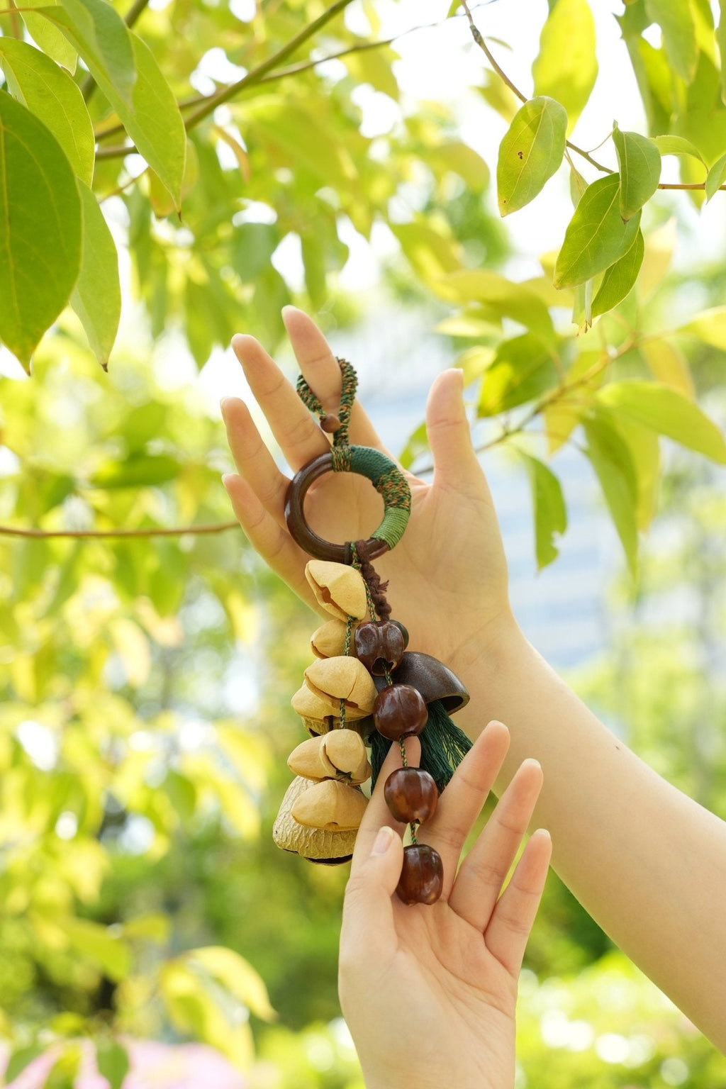 "The Forest Harvest" - Cascading Nut Shell & Green Tassel Bag Charm
