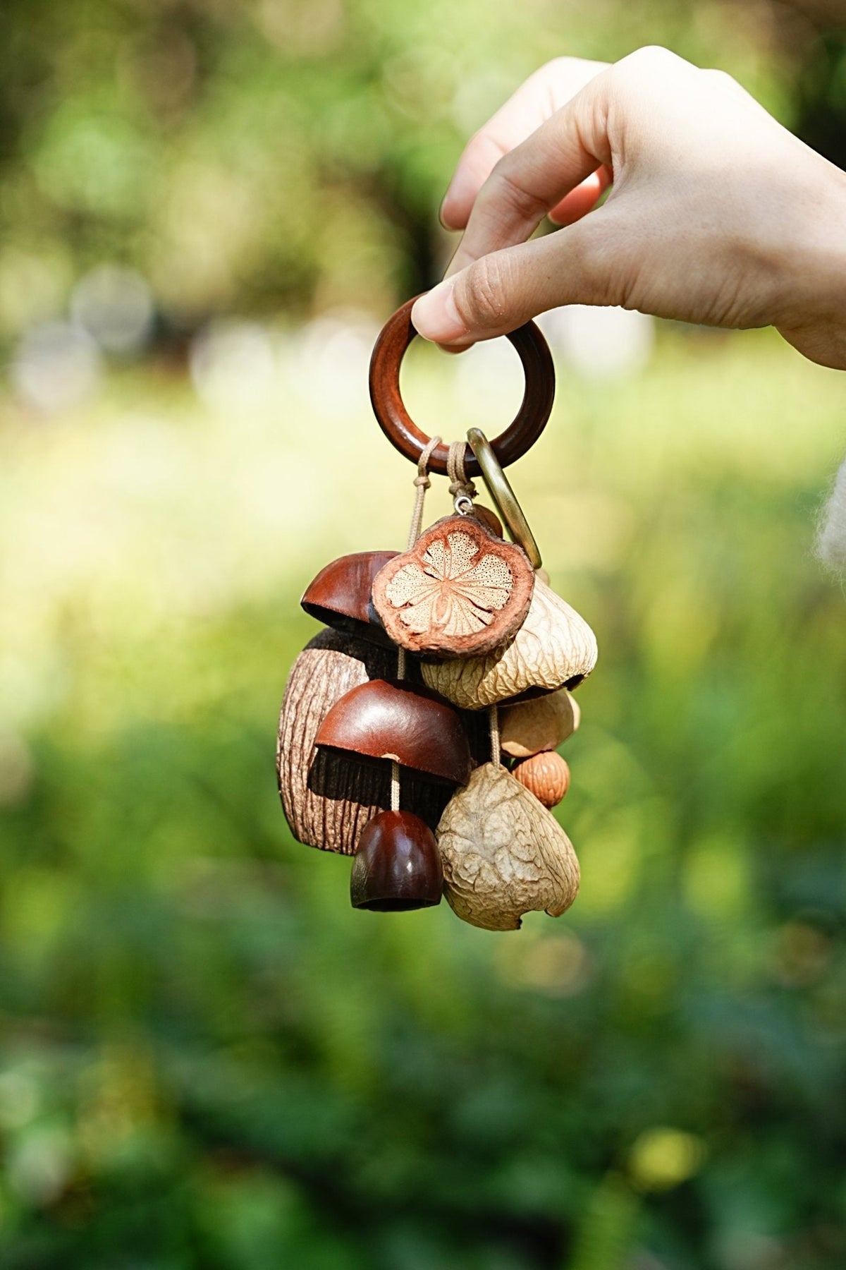 "The Forest Harvest Ring" - Natural Seed Cluster Charm with Dark Wood Handle