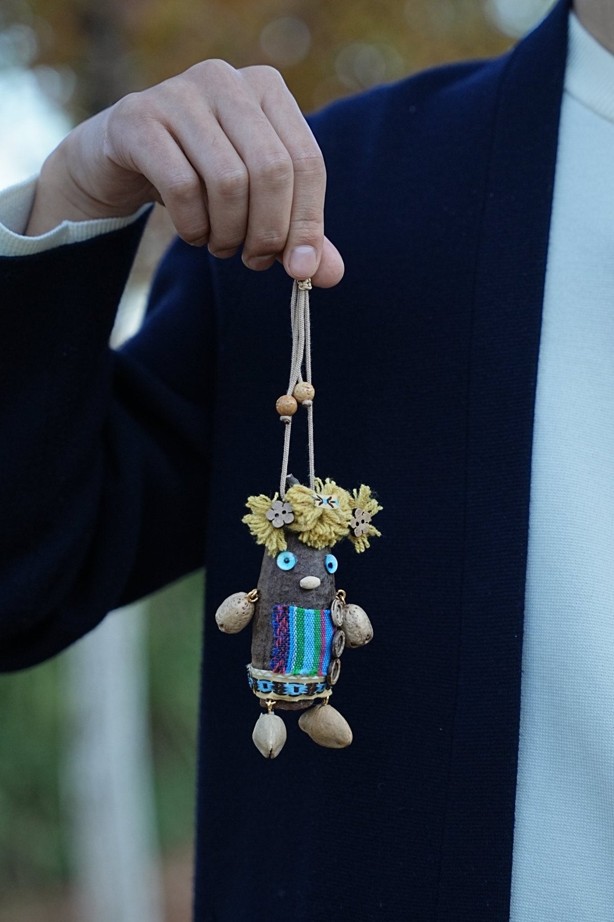 "The Forest Scarecrow" - Handcrafted Natural Nut Doll with Folk Art Textile