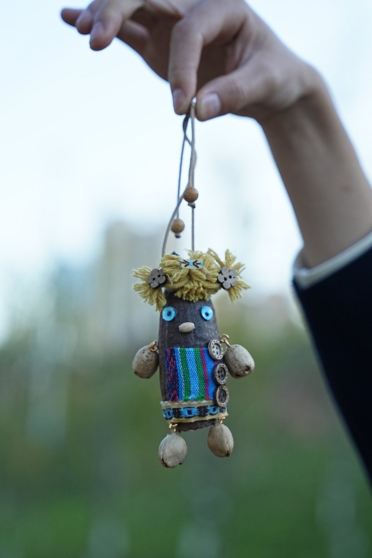 "The Forest Scarecrow" - Handcrafted Natural Nut Doll with Folk Art Textile