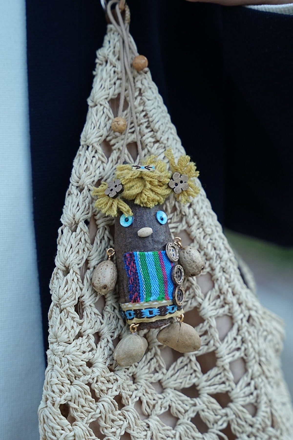 "The Forest Scarecrow" - Handcrafted Natural Nut Doll with Folk Art Textile