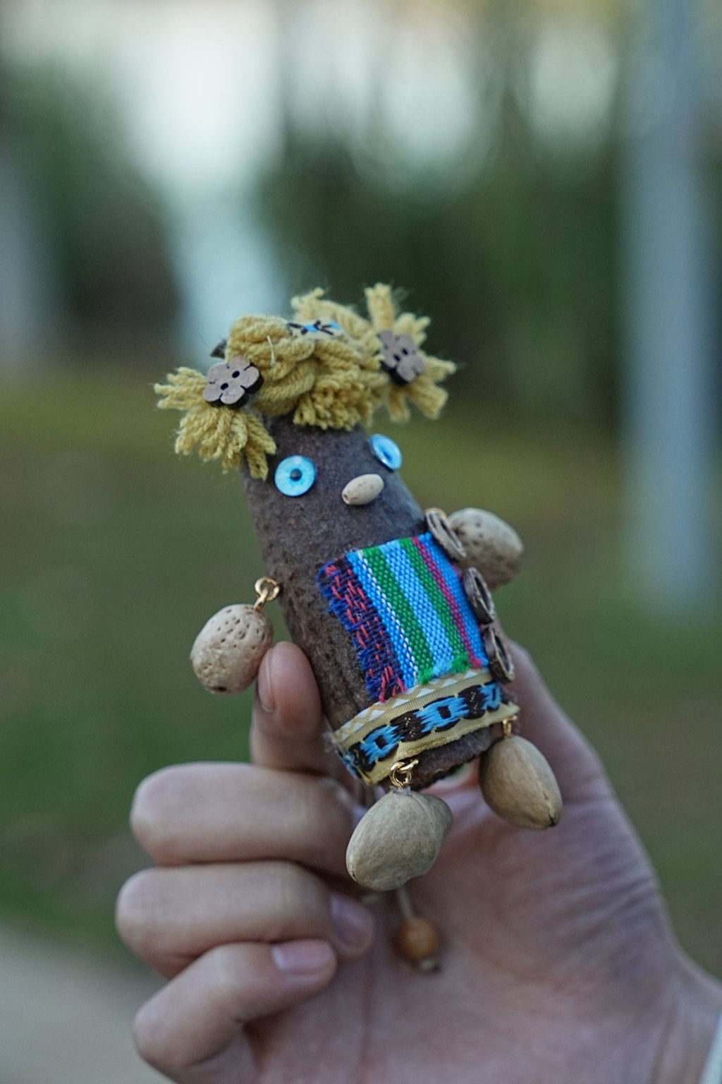 "The Forest Scarecrow" - Handcrafted Natural Nut Doll with Folk Art Textile